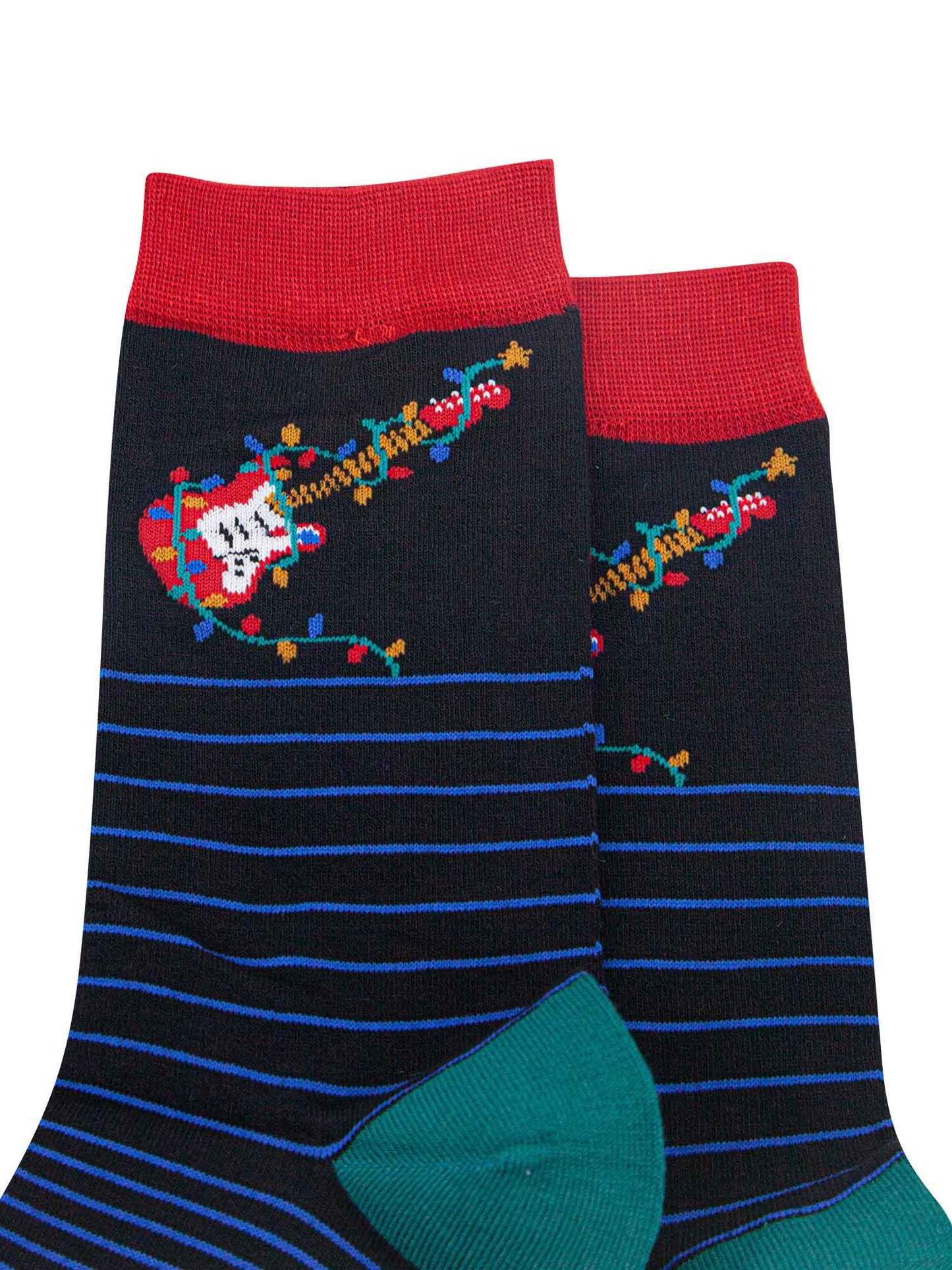 close up of the red electric guitar and multicoloured party lights on the ankle of the socks, the party lights are wrapped around the guitar
