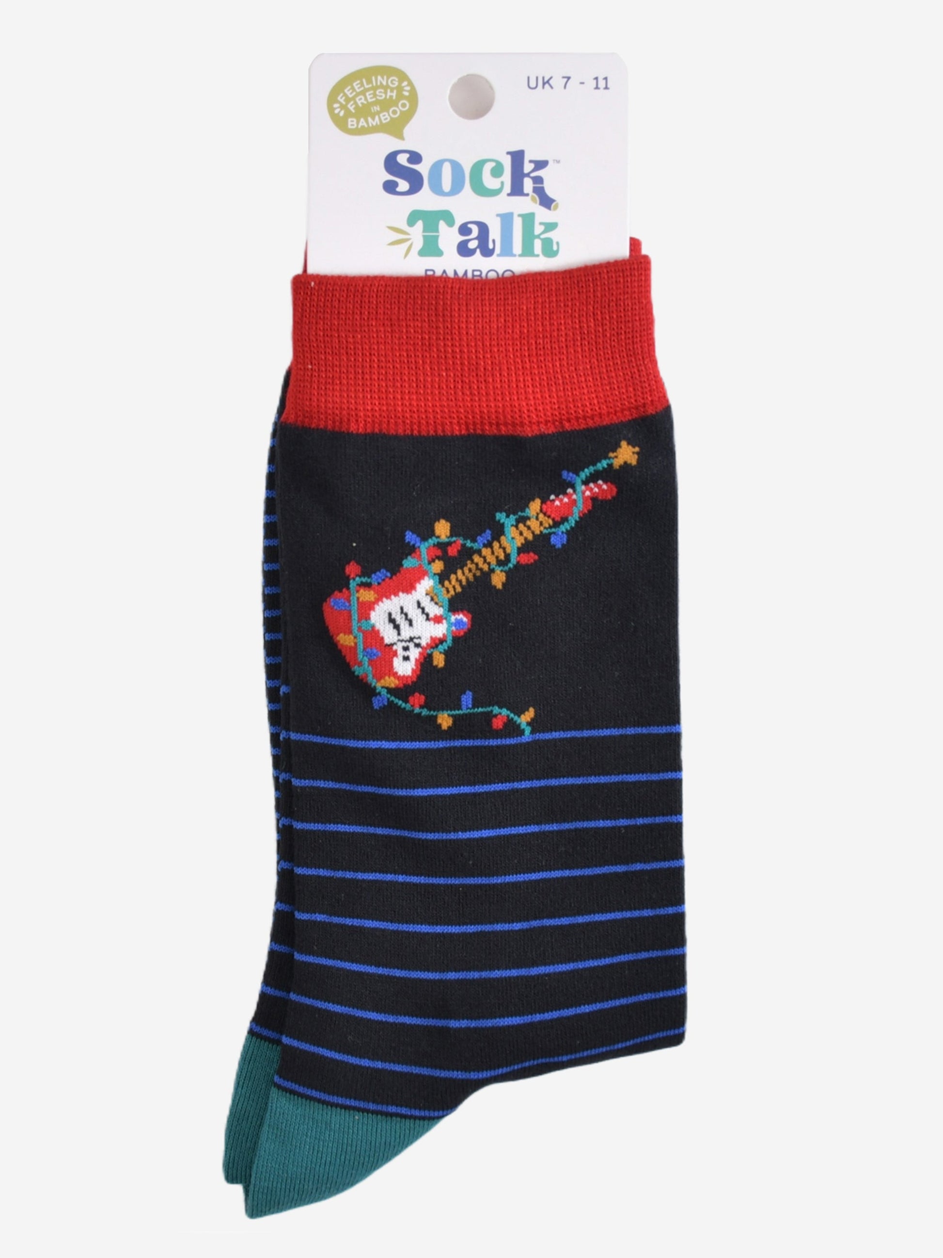 guitar party lights bamboo socks in their sock talk packaging, these socks are a uk size 7-11