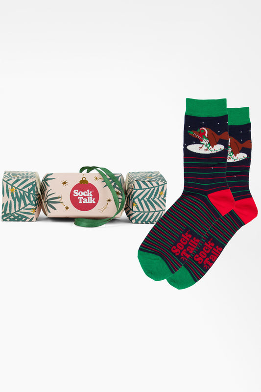 Men's Bamboo Crew Socks Christmas Cracker Gift Box - Navy Blue/Red, Rockin' Robin