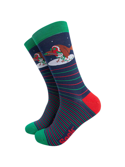 navy blue socks with green and red horizontal pin stripes, there is a red robin bird on the ankle playing an electric guitar