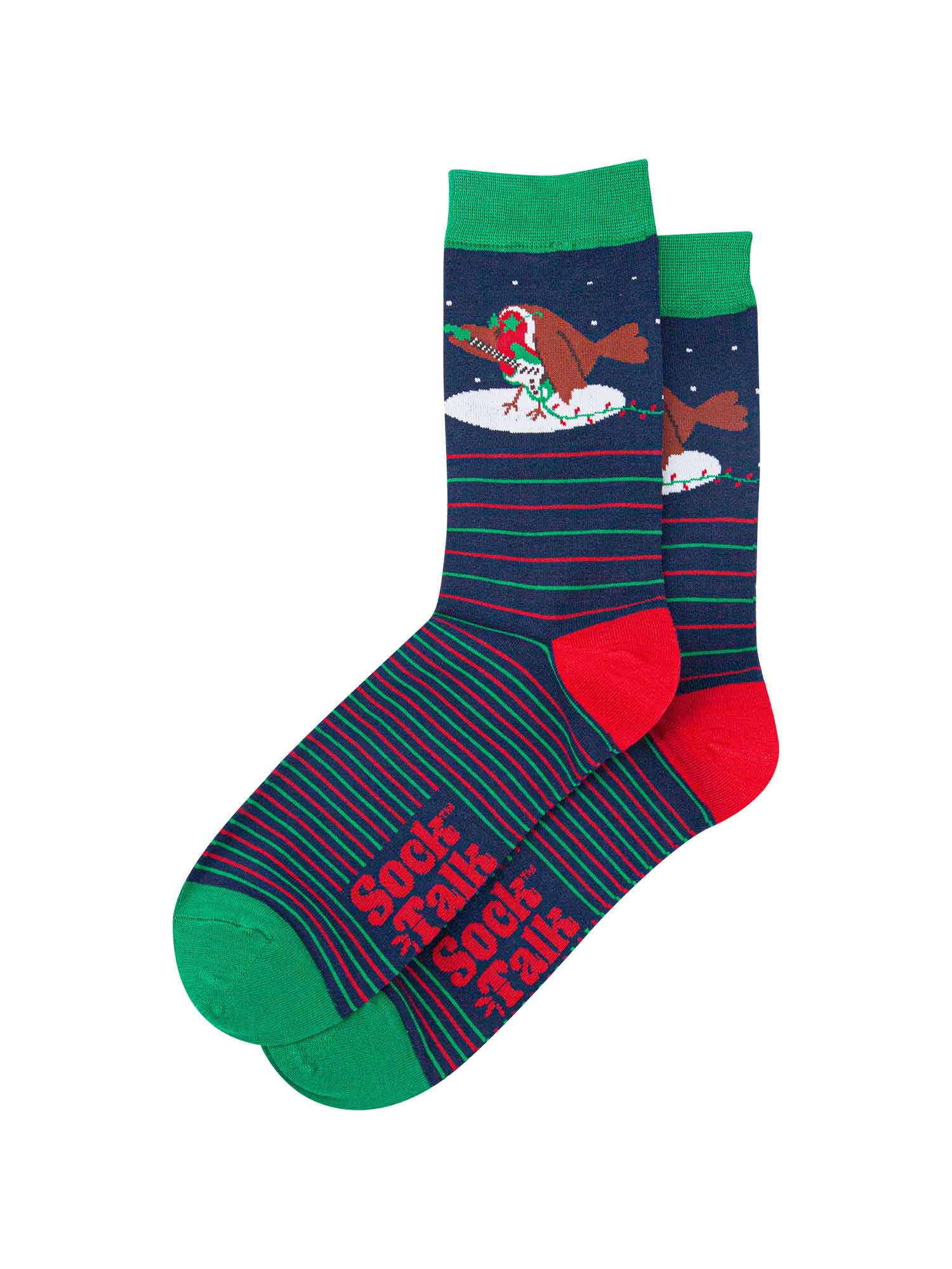 rockin robin socks laying flat, showing the horizontal pin stripes and the guitar playing red robin
