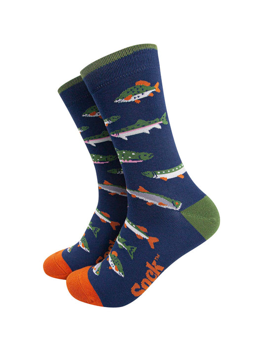 navy blue socks with a pattern of green and grey river fish
