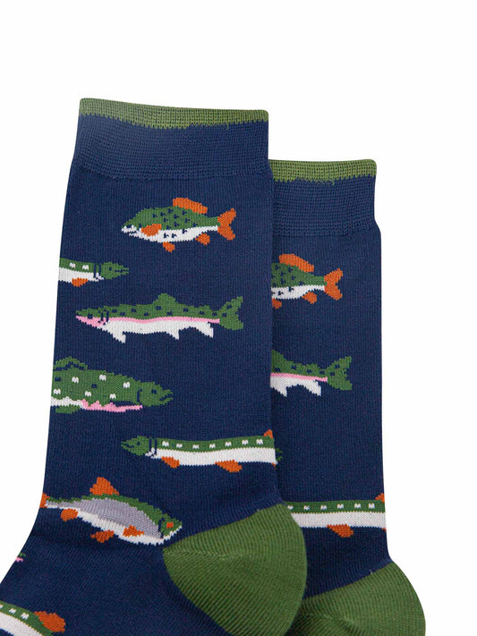 close up of the fish pattern on the socks, showing different types of river fish
