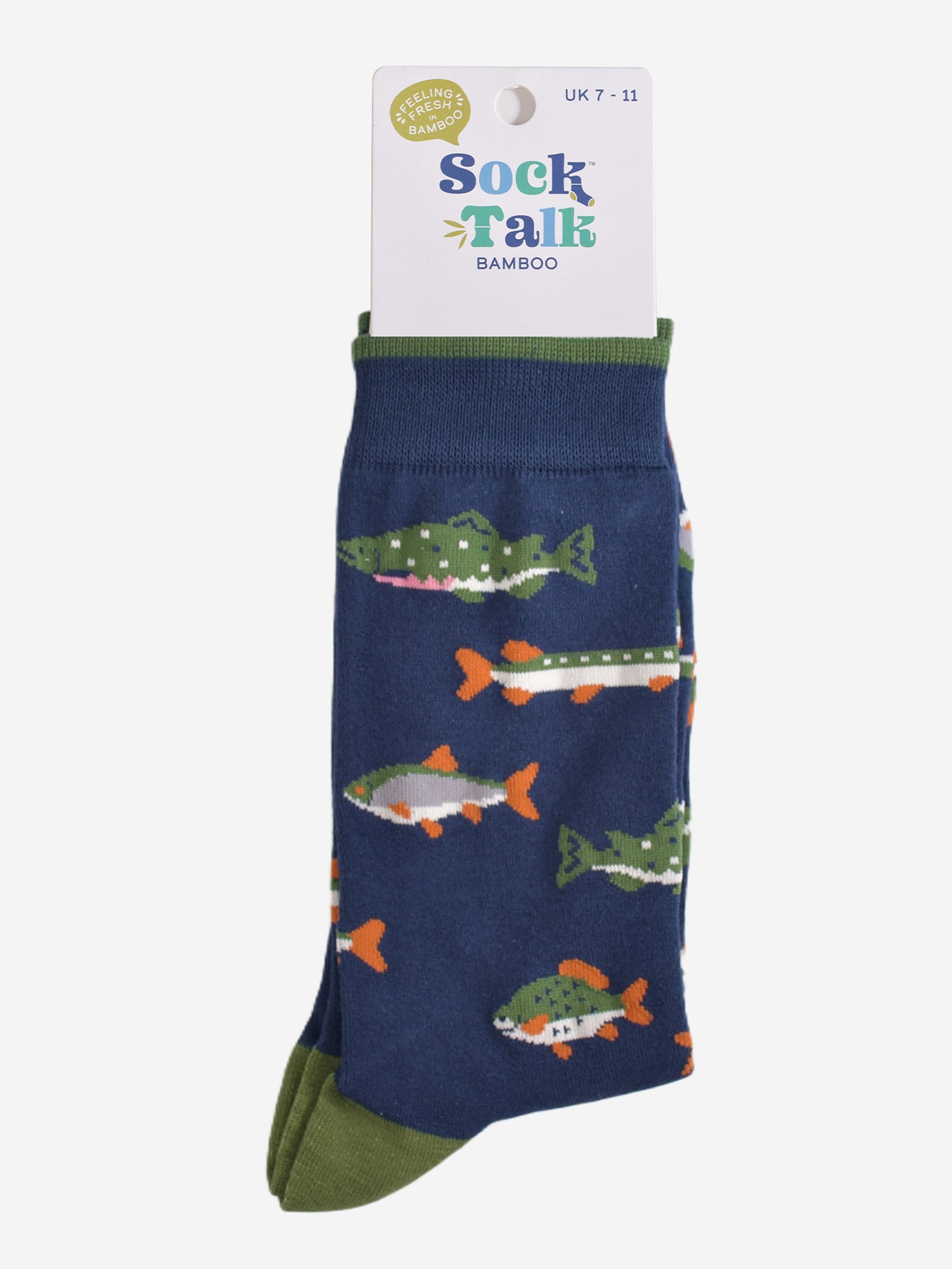 river fish bamboo socks in their sock talk packaging, the socks are a uk size 7-11