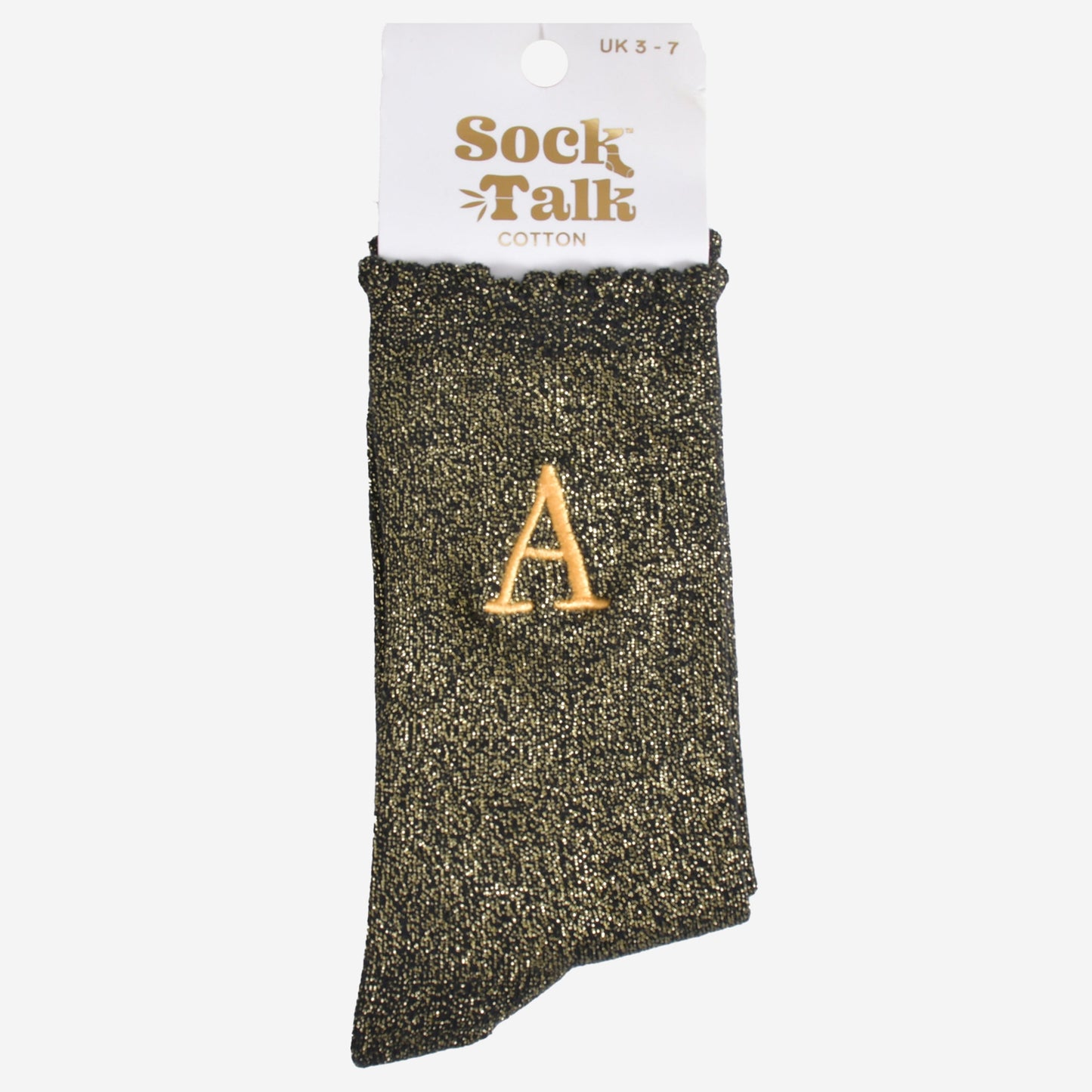 embroidered glitter letter A cotton ankle socks in their sock talk packaging, the socks are a uk size 3-7