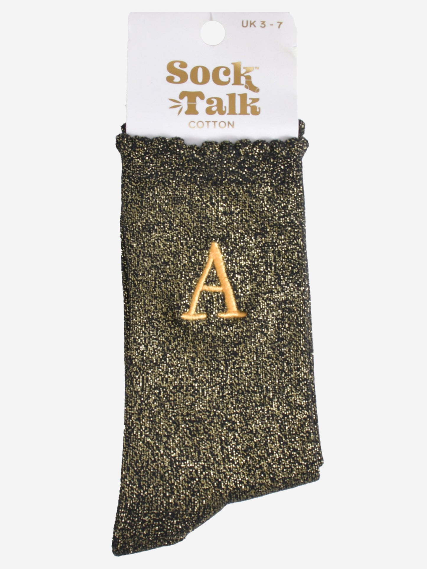 embroidered glitter letter A cotton ankle socks in their sock talk packaging, the socks are a uk size 3-7