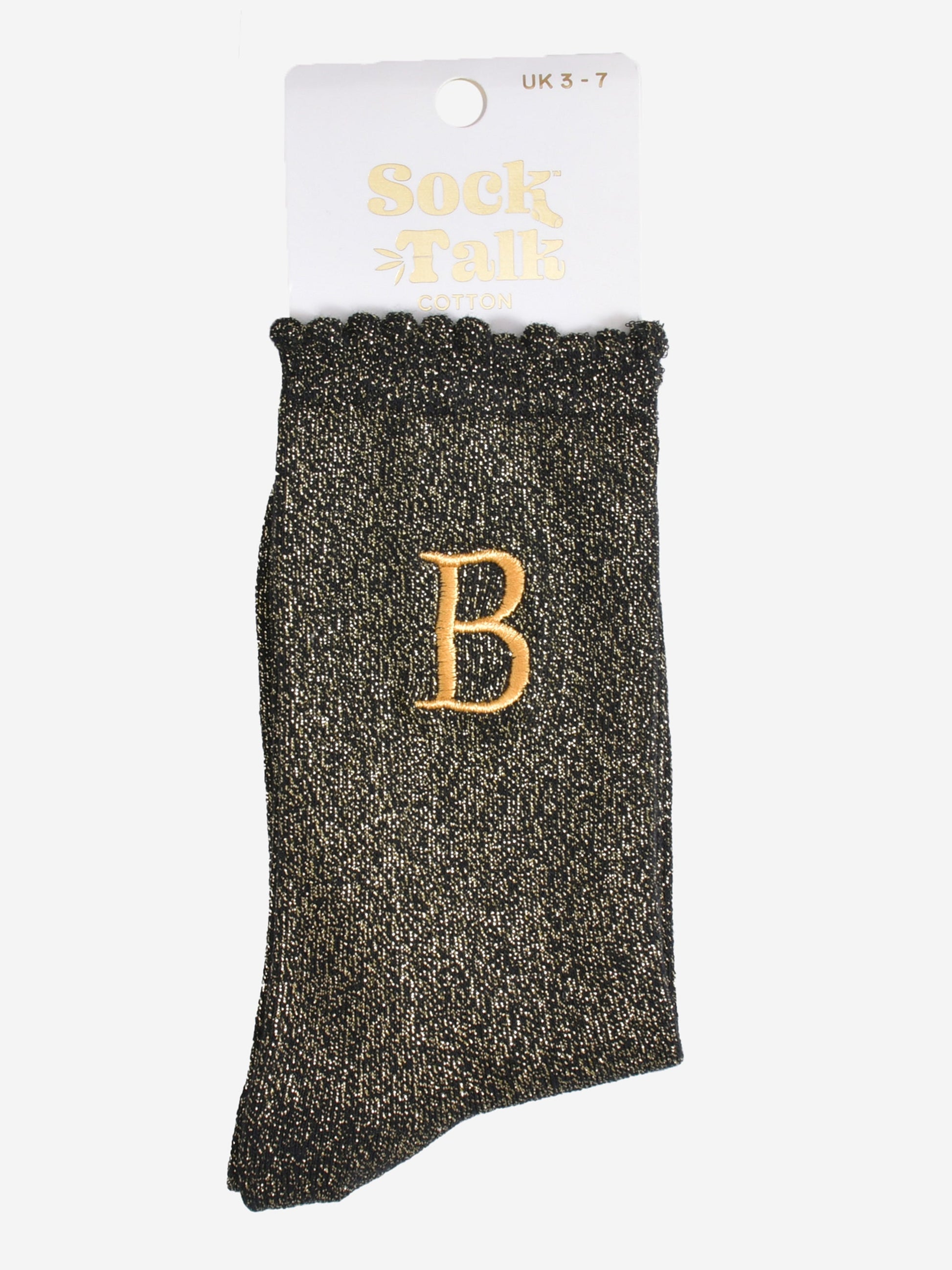 embroidered glitter letter b cotton ankle socks in their sock talk packaging, the socks are a uk size 3-7