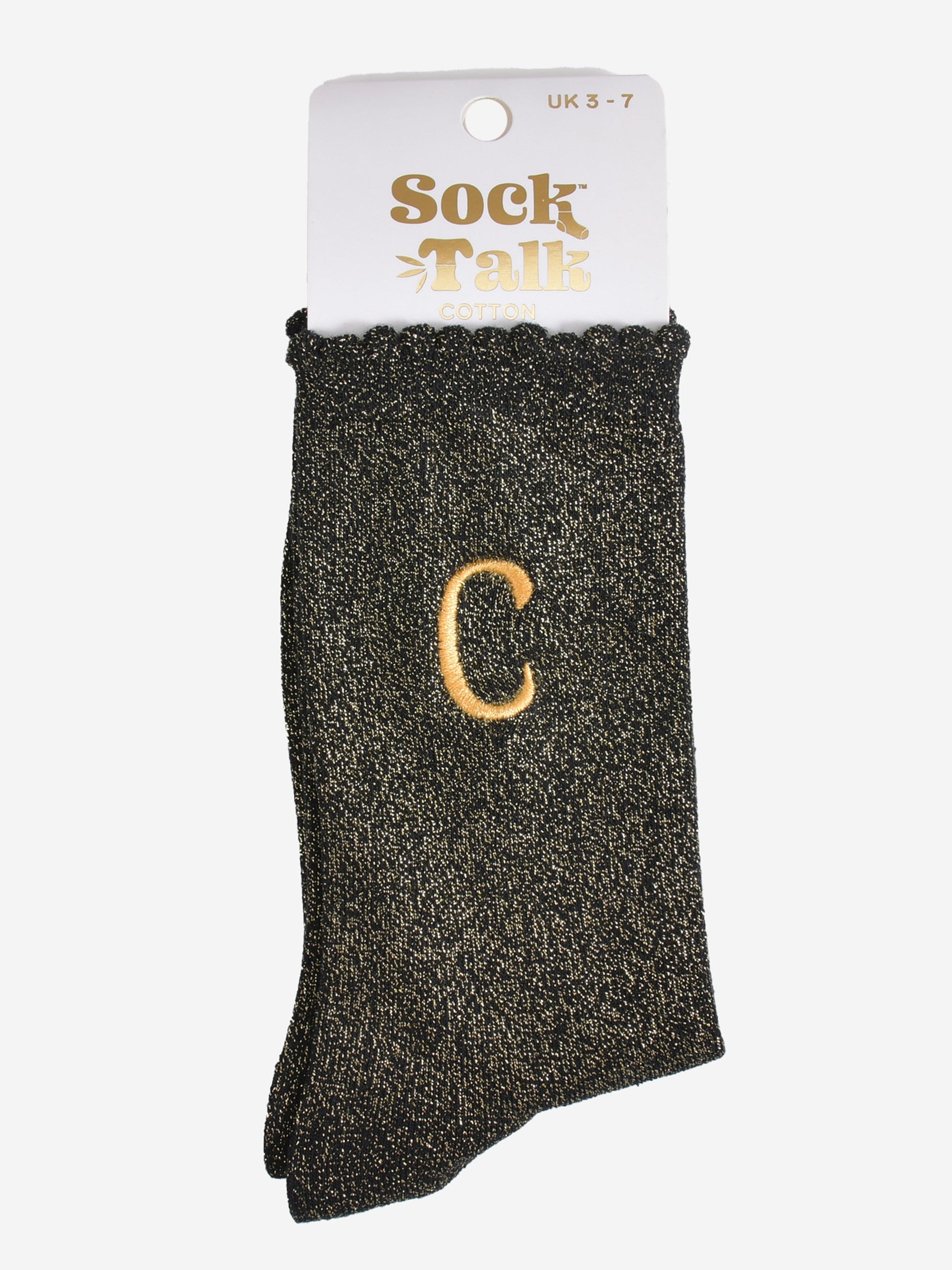 embroidered glitter letter c cotton ankle socks in their sock talk packaging, the socks are a uk size 3-7
