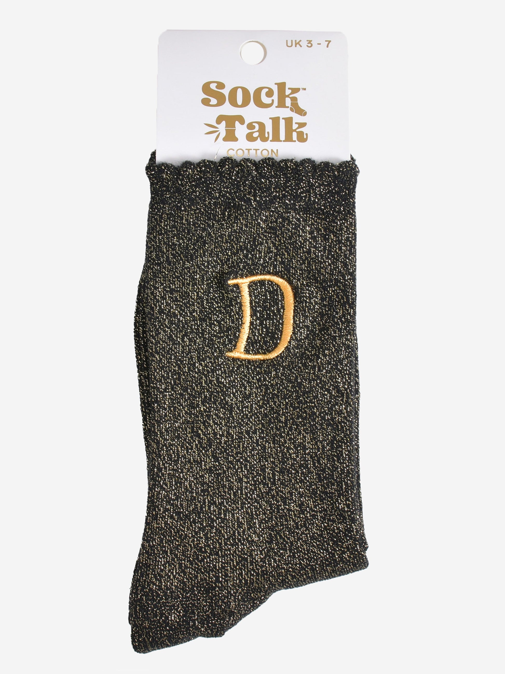 embroidered glitter letter d cotton ankle socks in their sock talk packaging, the socks are a uk size 3-7
