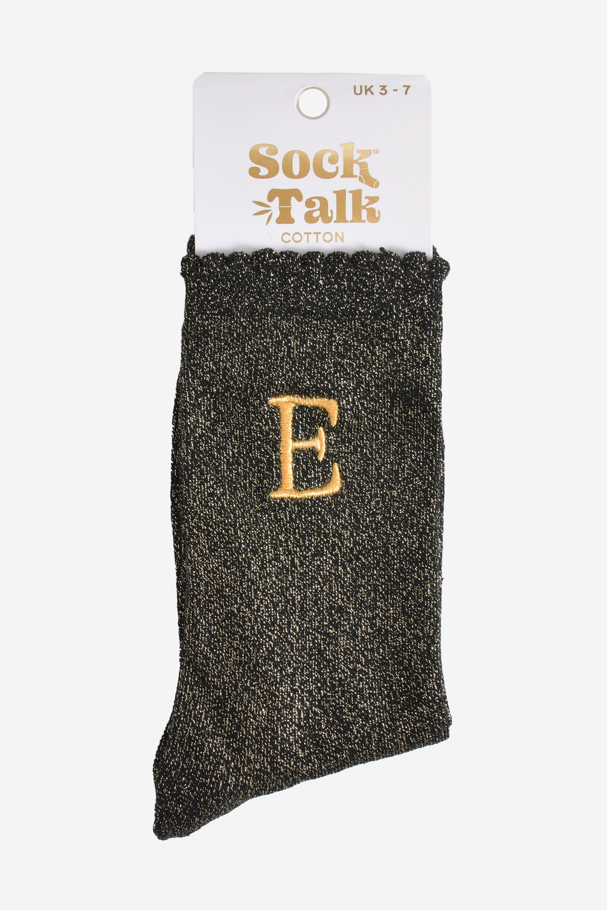 embroidered glitter letter e cotton ankle socks in their sock talk packaging, the socks are a uk size 3-7