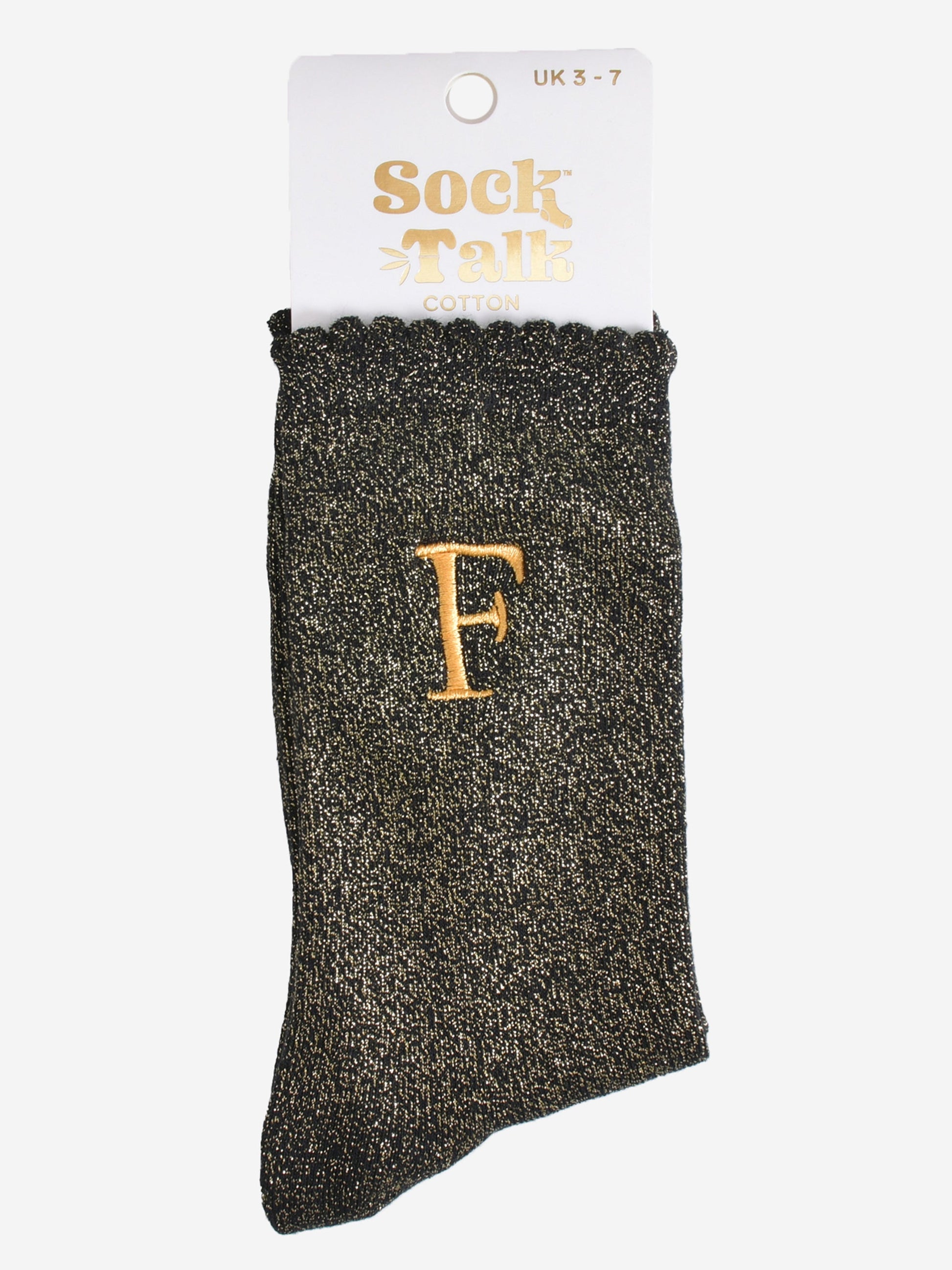 embroidered glitter letter f cotton ankle socks in their sock talk packaging, the socks are a uk size 3-7