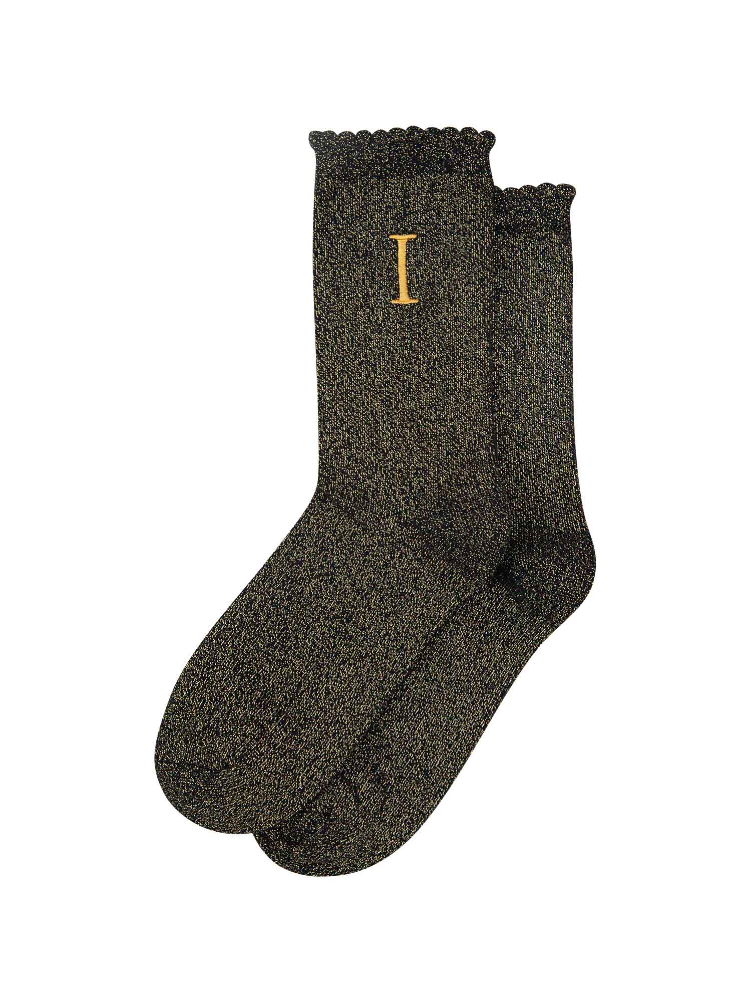 showing the glitter socks laying flat, they have a scalloped cuff and an all over gold sparkle