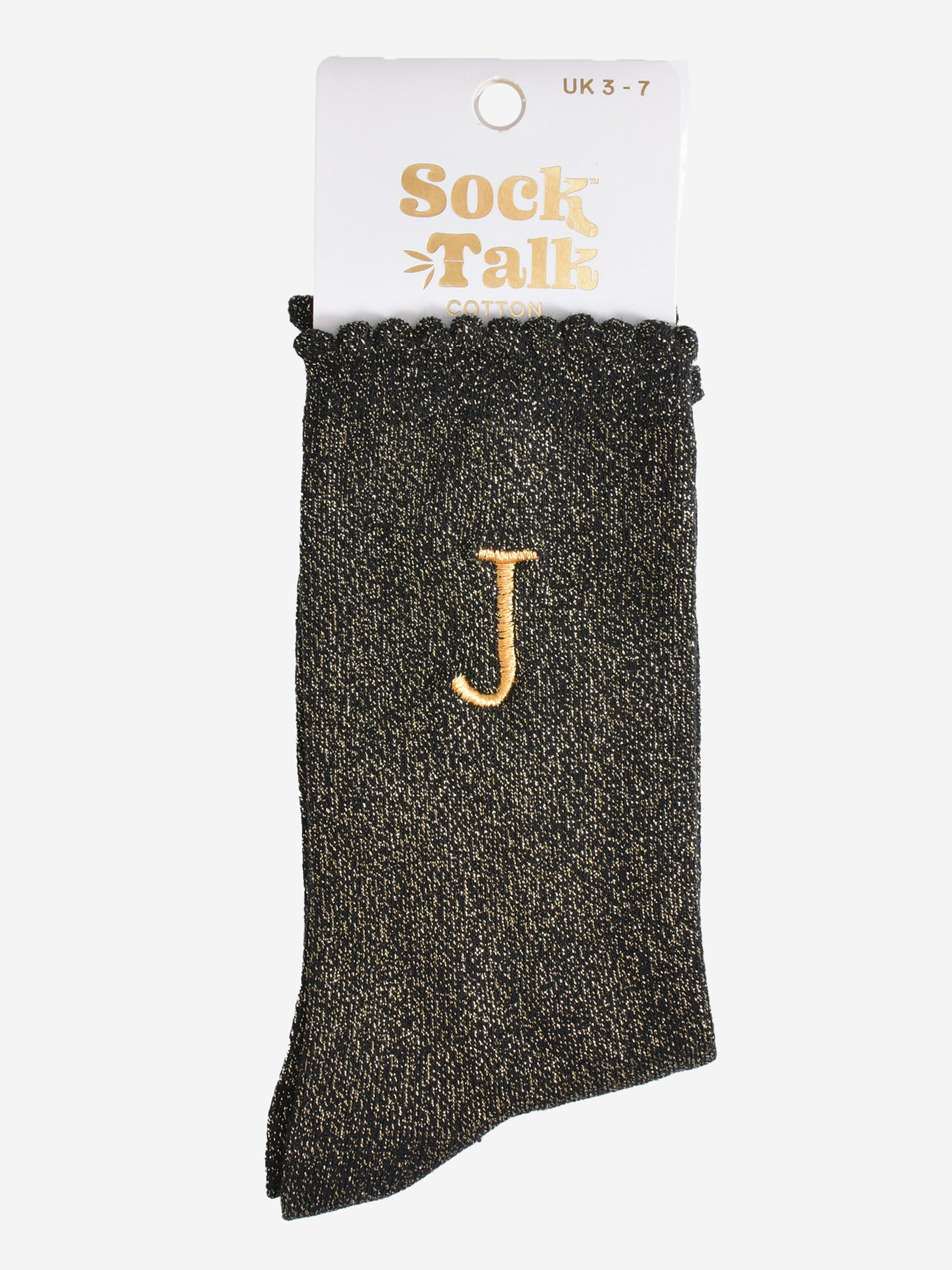 embroidered glitter letter j cotton ankle socks in their sock talk packaging, the socks are a uk size 3-7