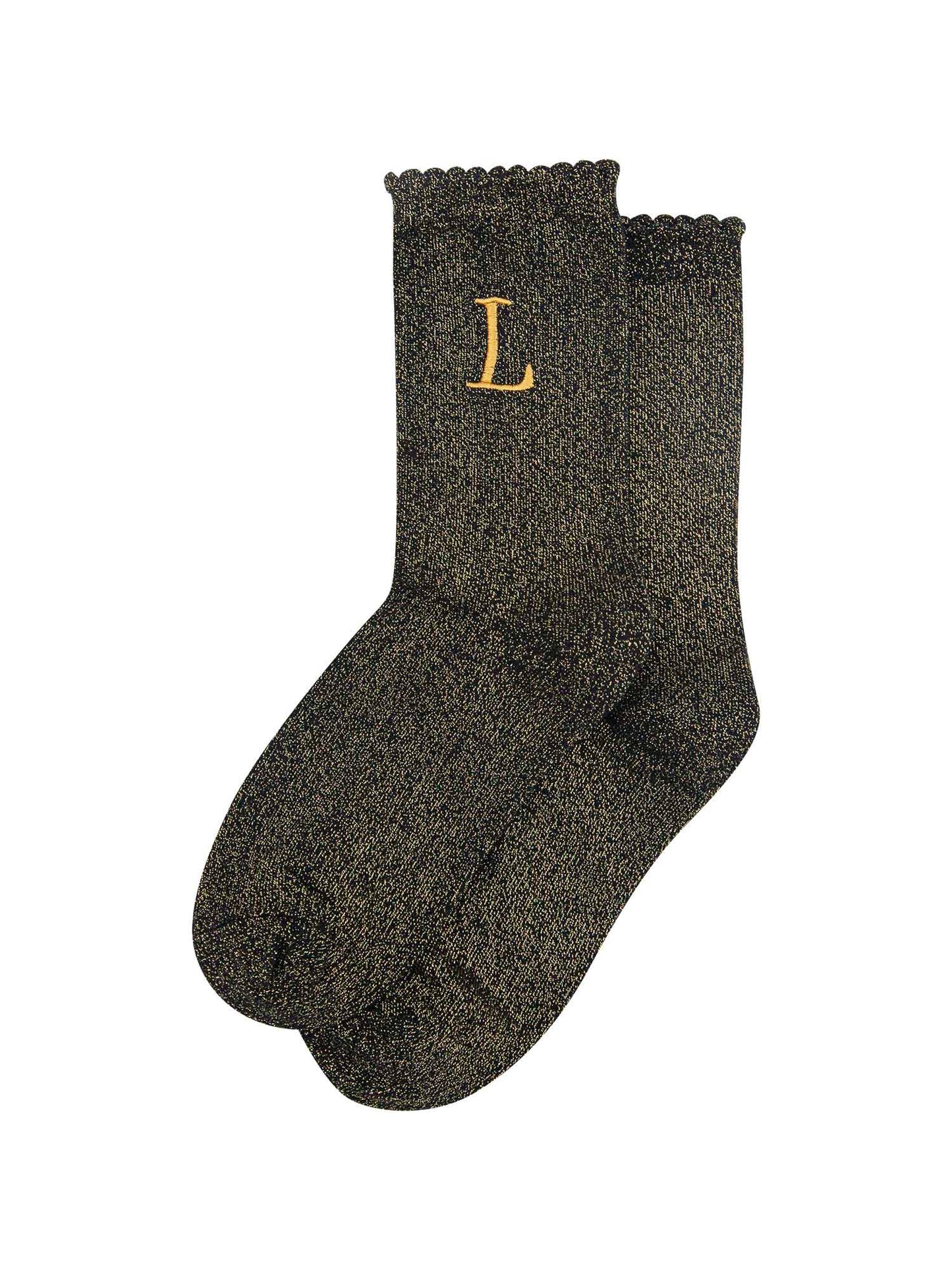 showing the glitter socks laying flat, they have a scalloped cuff and an all over gold sparkle