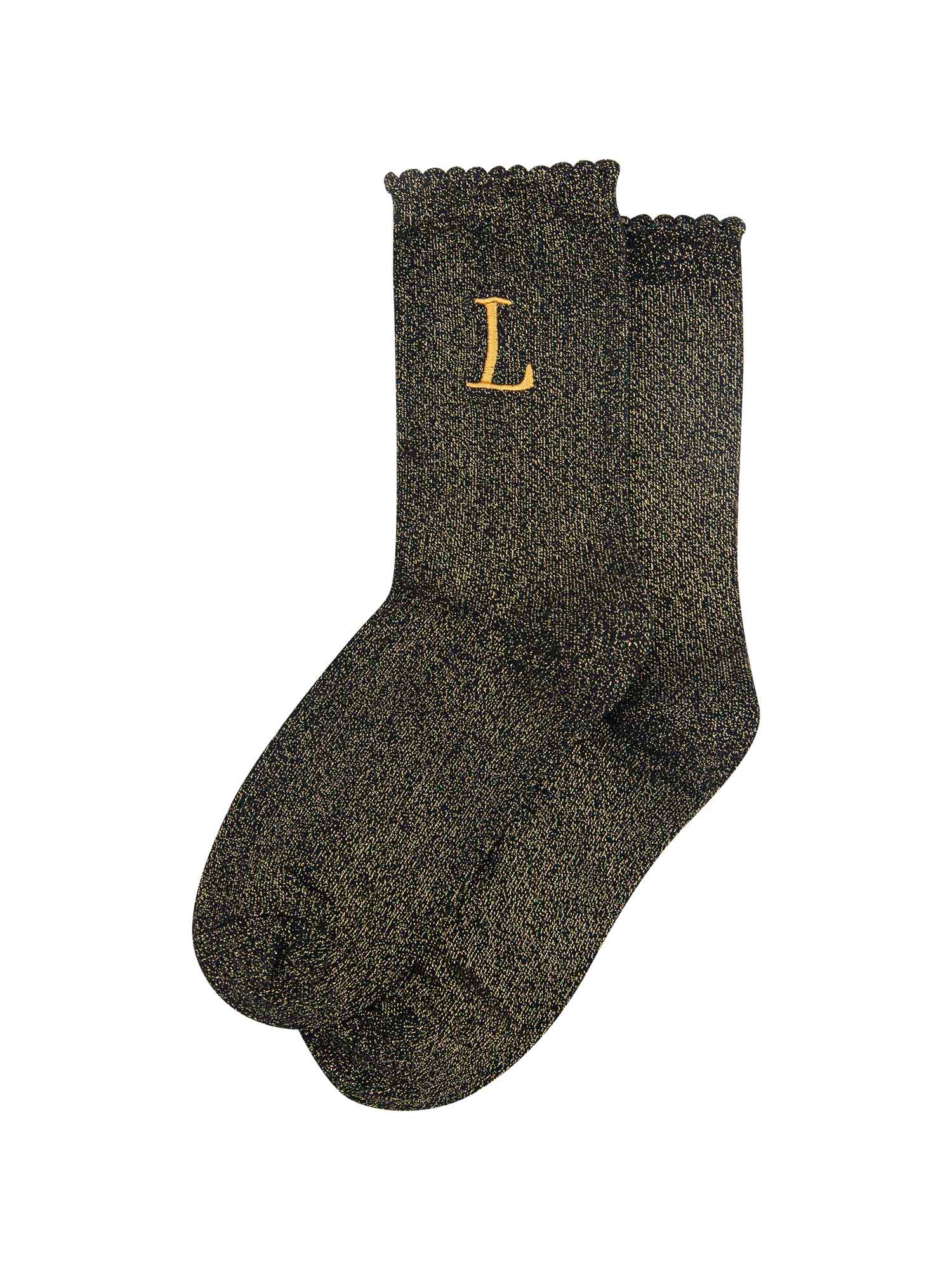 showing the glitter socks laying flat, they have a scalloped cuff and an all over gold sparkle