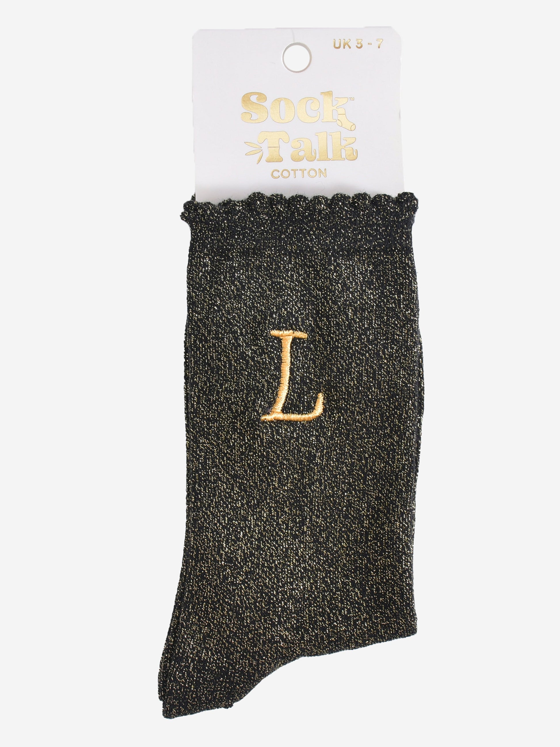 embroidered glitter letter l cotton ankle socks in their sock talk packaging, the socks are a uk size 3-7