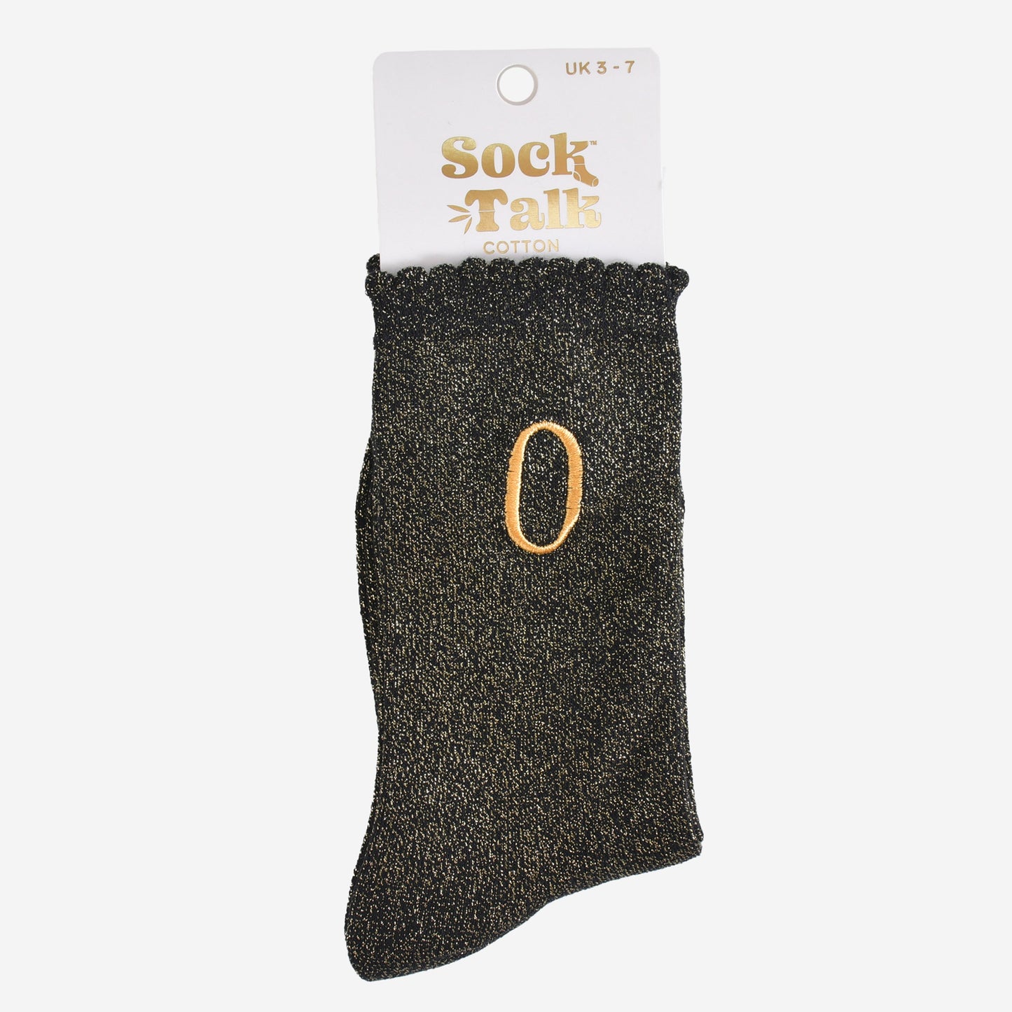 embroidered glitter letter o cotton ankle socks in their sock talk packaging, the socks are a uk size 3-7