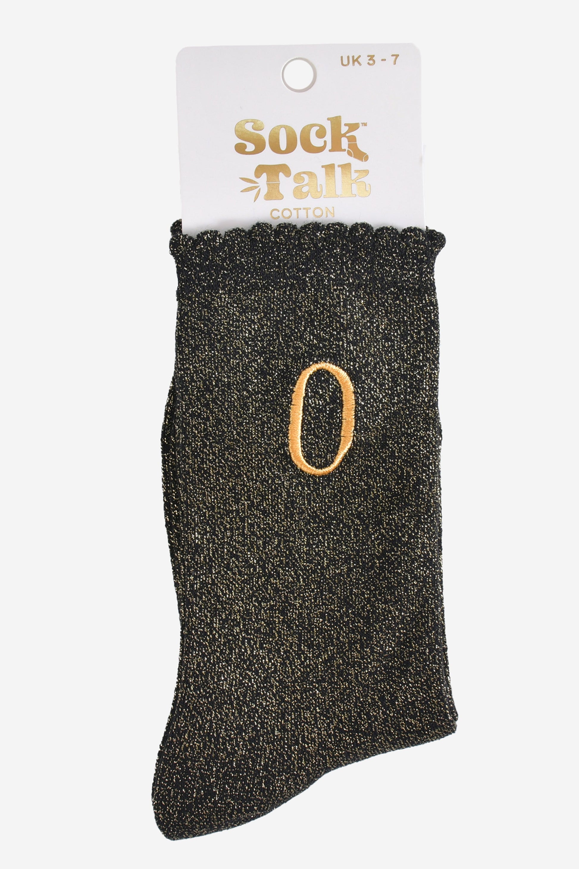 embroidered glitter letter o cotton ankle socks in their sock talk packaging, the socks are a uk size 3-7