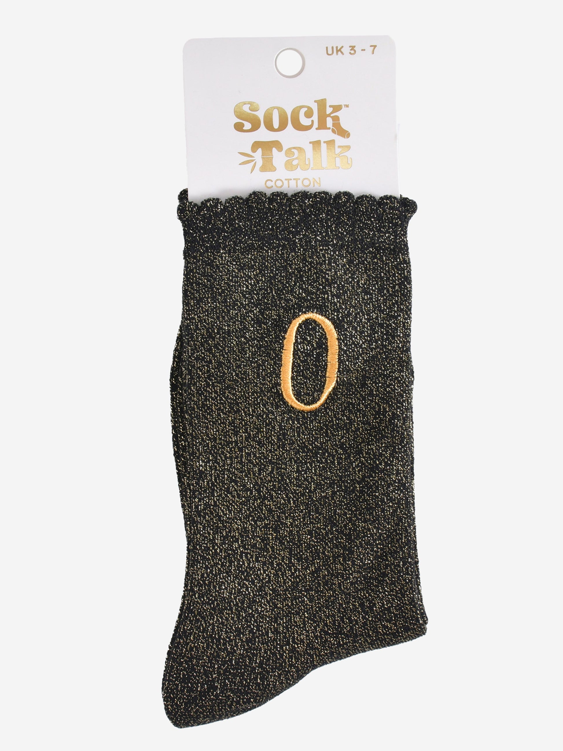 embroidered glitter letter o cotton ankle socks in their sock talk packaging, the socks are a uk size 3-7