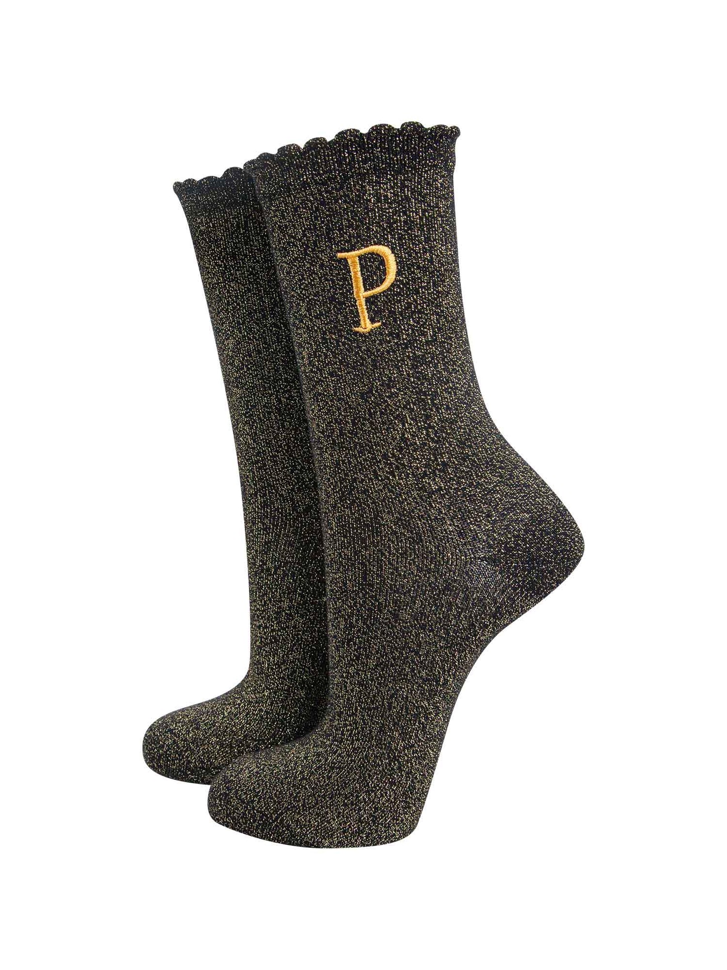 black ankle socks with a scalloped cuff, with an all over gold glitter sparkle and an embroidered gold letter p on the ankle
