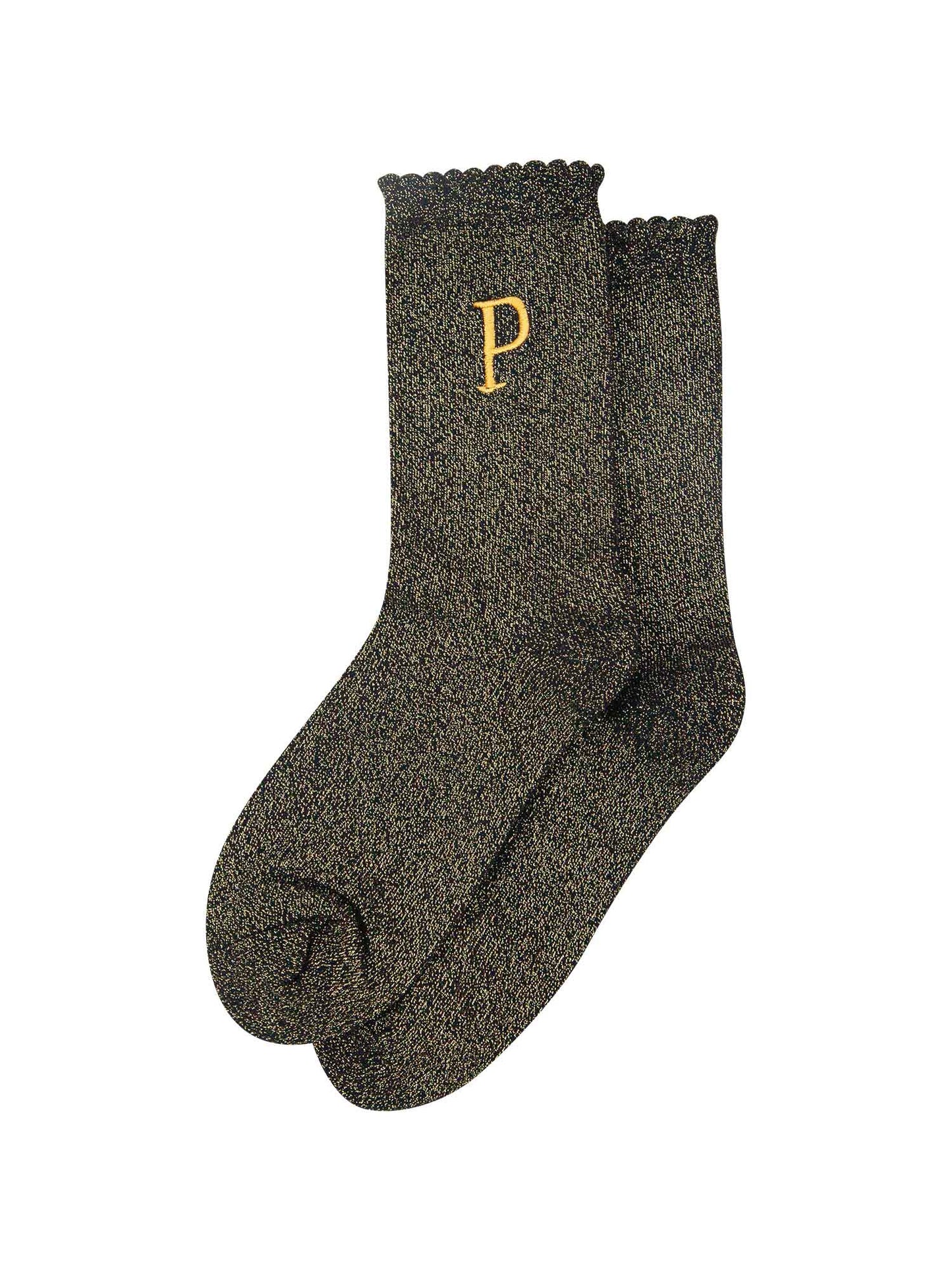 showing the glitter socks laying flat, they have a scalloped cuff and an all over gold sparkle