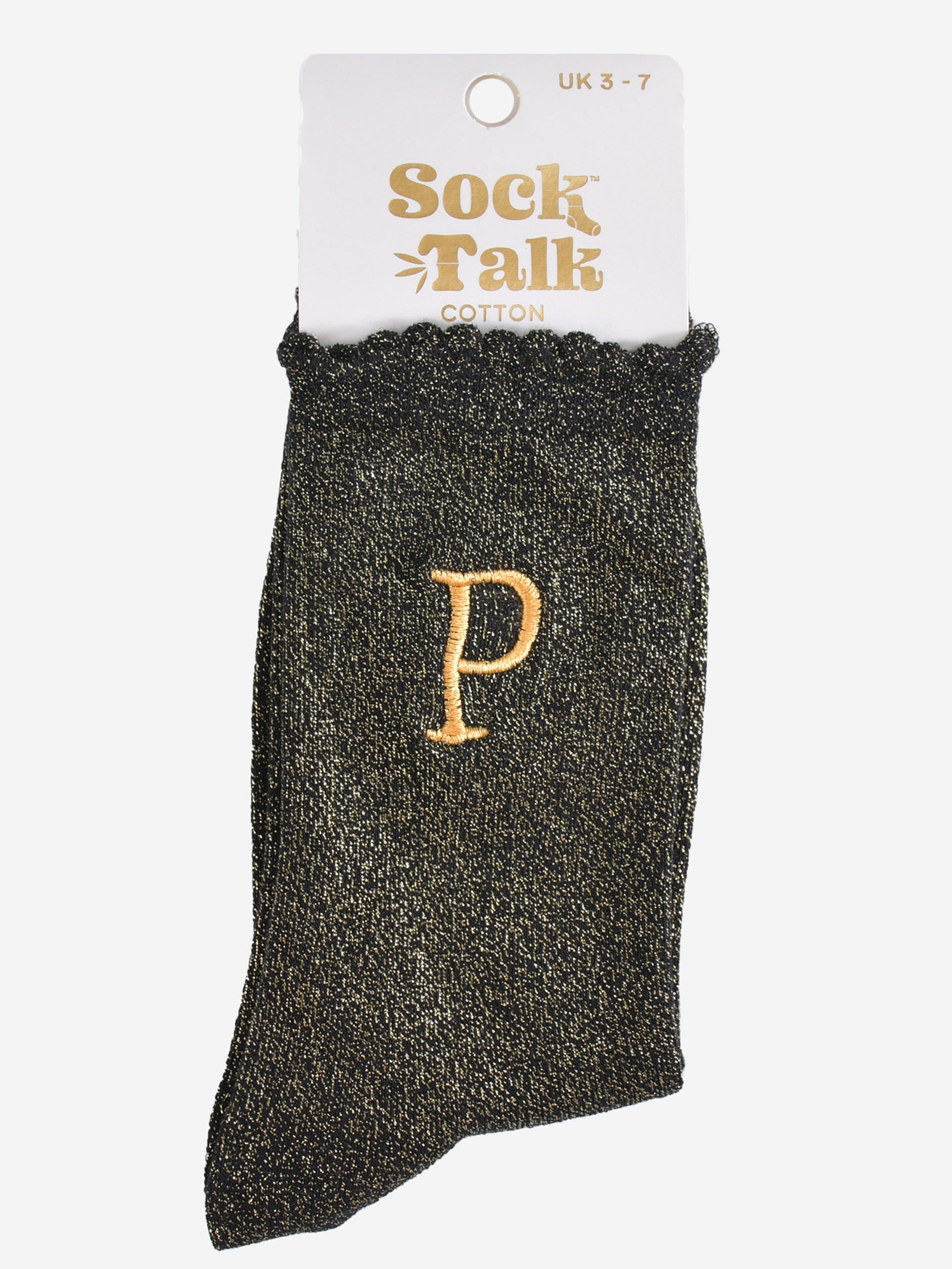 embroidered glitter letter p cotton ankle socks in their sock talk packaging, the socks are a uk size 3-7