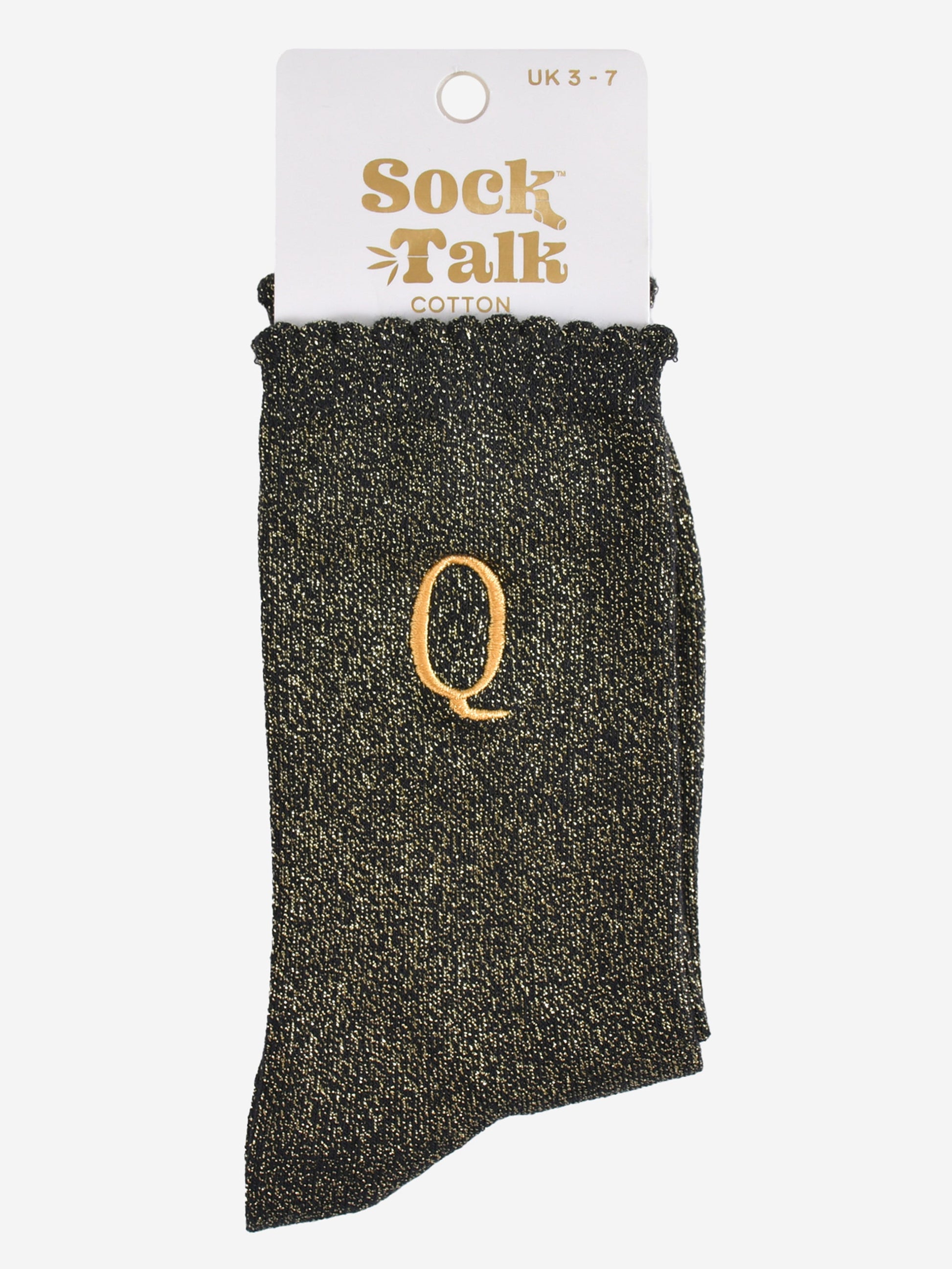 embroidered glitter letter q cotton ankle socks in their sock talk packaging, the socks are a uk size 3-7