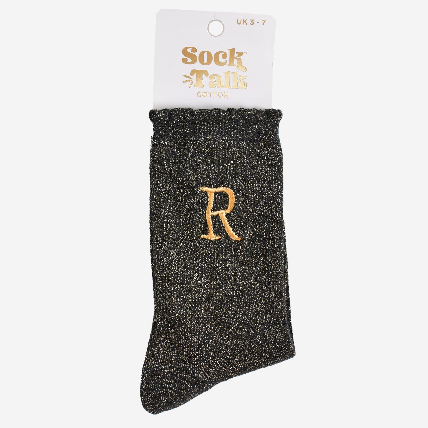 embroidered glitter letter r cotton ankle socks in their sock talk packaging, the socks are a uk size 3-7