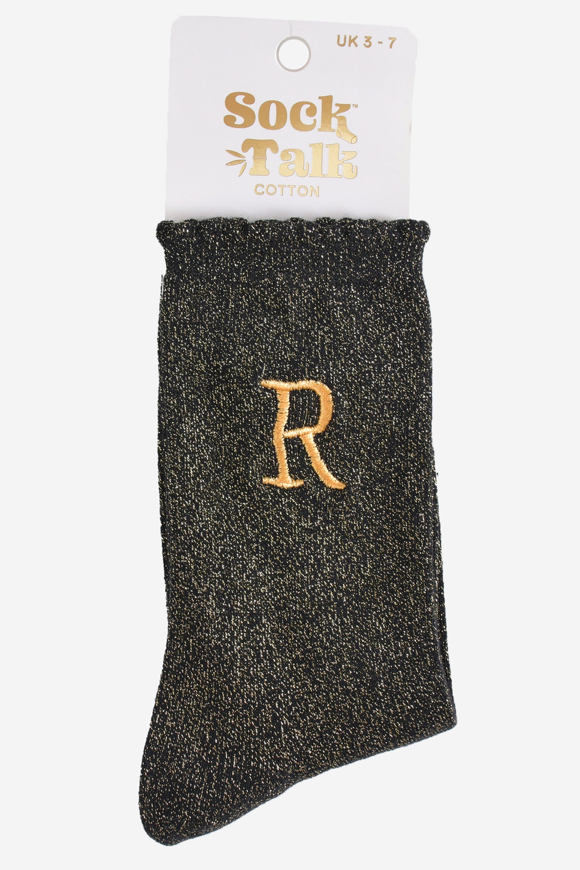 embroidered glitter letter r cotton ankle socks in their sock talk packaging, the socks are a uk size 3-7