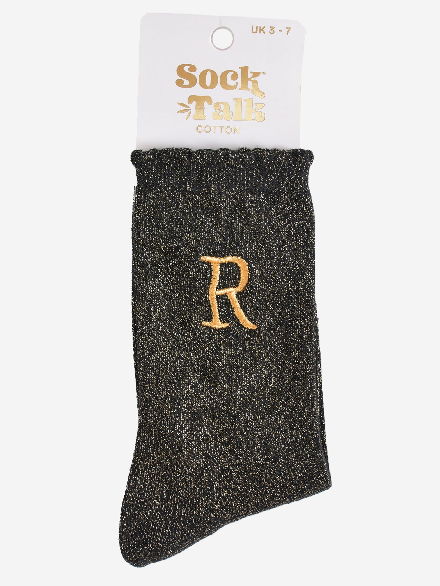 embroidered glitter letter r cotton ankle socks in their sock talk packaging, the socks are a uk size 3-7