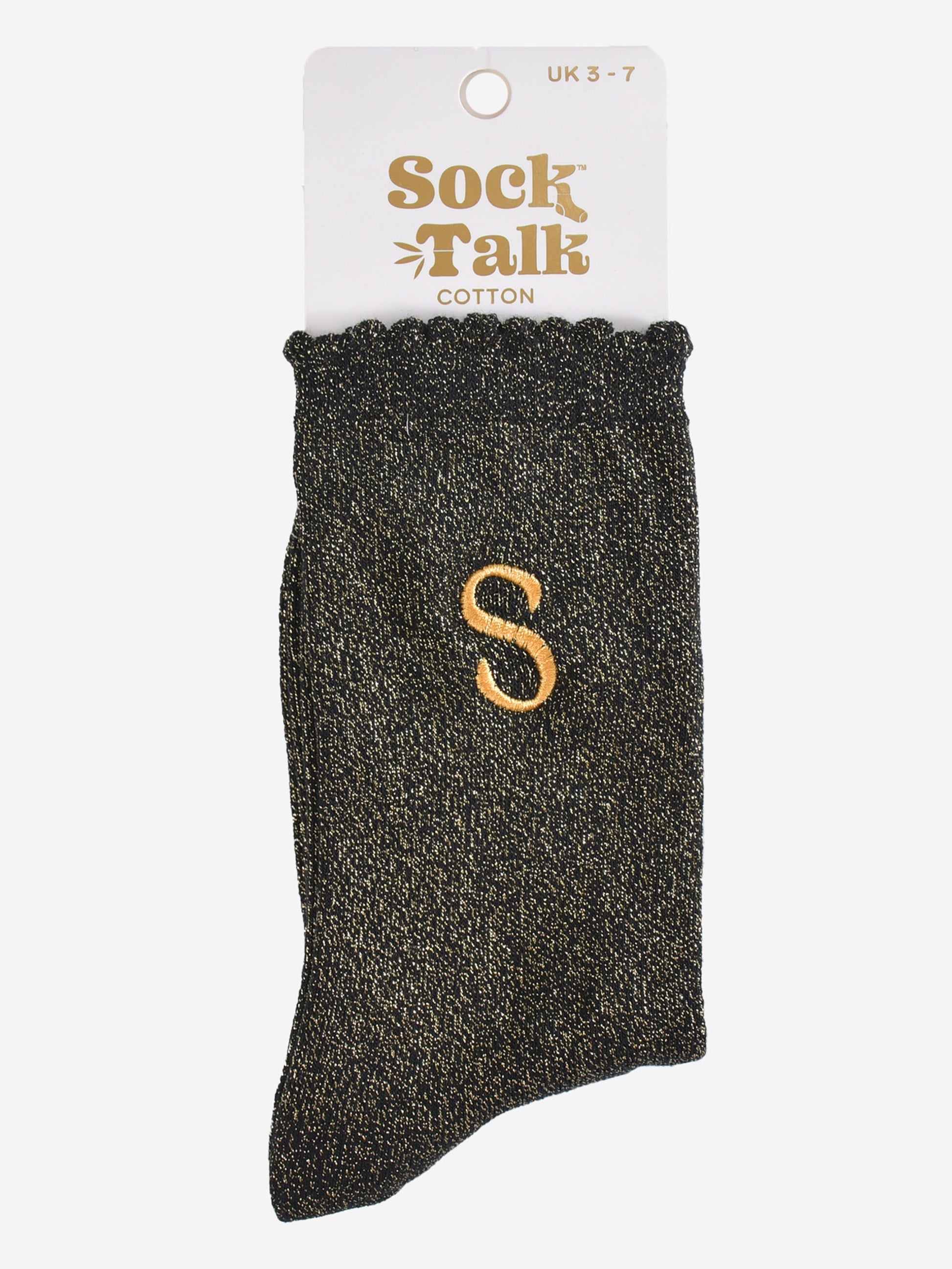 embroidered glitter letter s cotton ankle socks in their sock talk packaging, the socks are a uk size 3-7