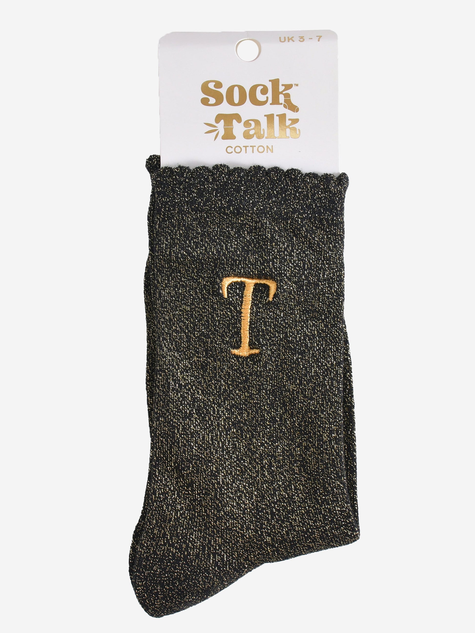 embroidered glitter letter t cotton ankle socks in their sock talk packaging, the socks are a uk size 3-7