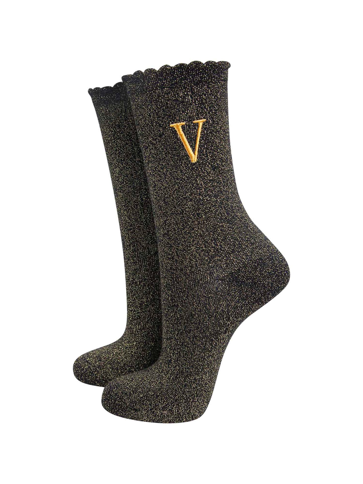 black ankle socks with a scalloped cuff, with an all over gold glitter sparkle and an embroidered gold letter v on the ankle