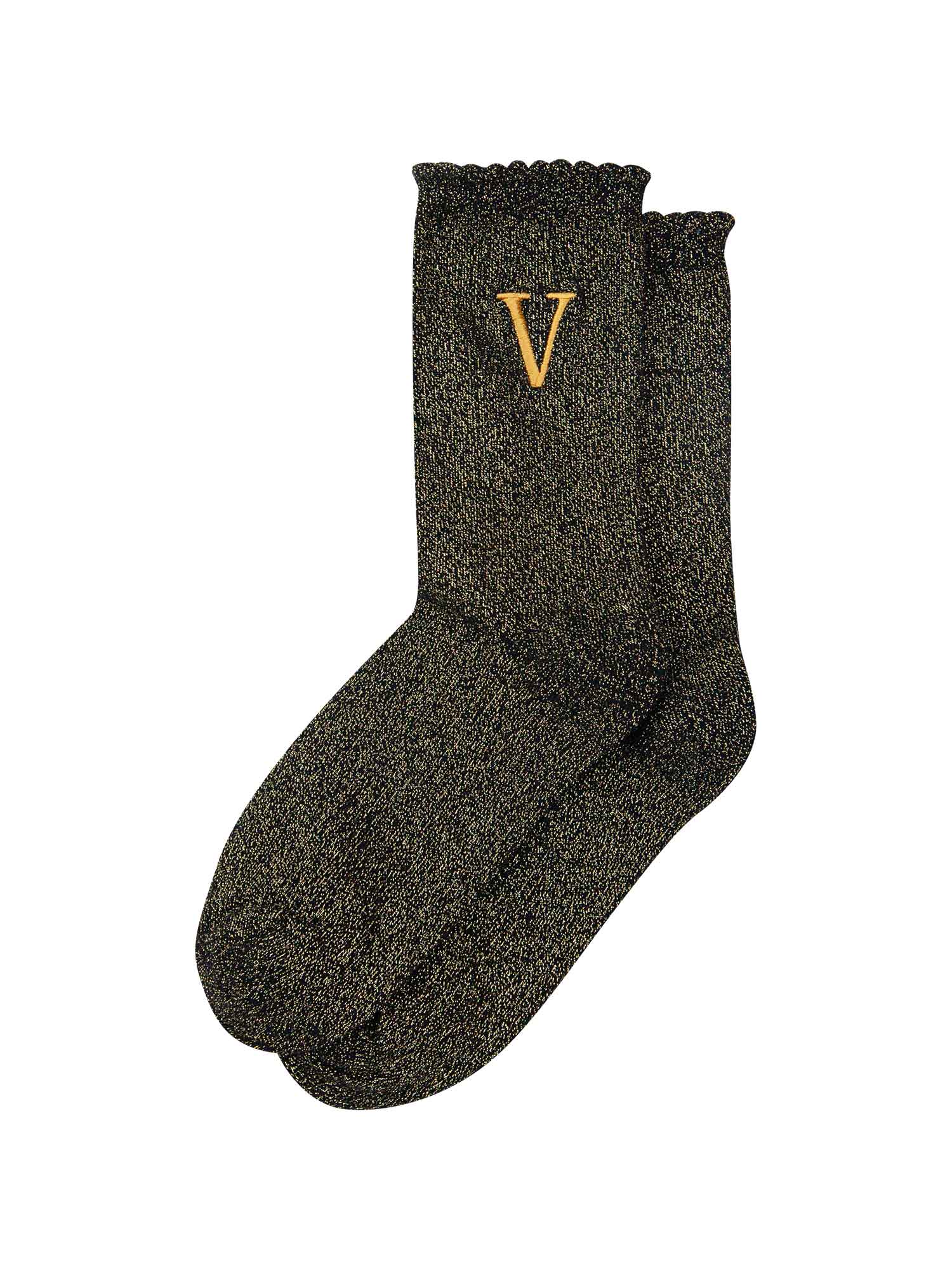 showing the glitter socks laying flat, they have a scalloped cuff and an all over gold sparkle