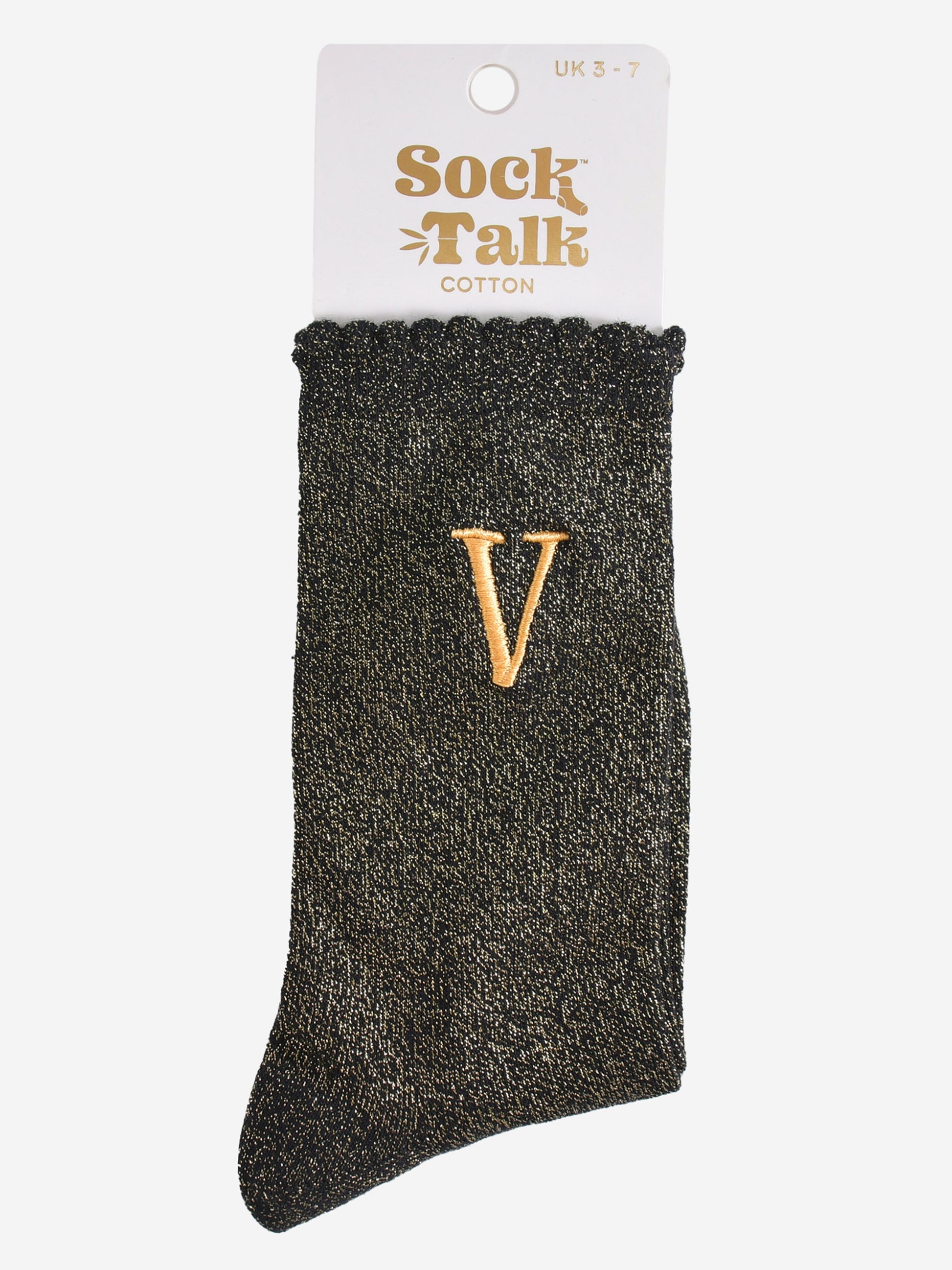 embroidered glitter letter v cotton ankle socks in their sock talk packaging, the socks are a uk size 3-7