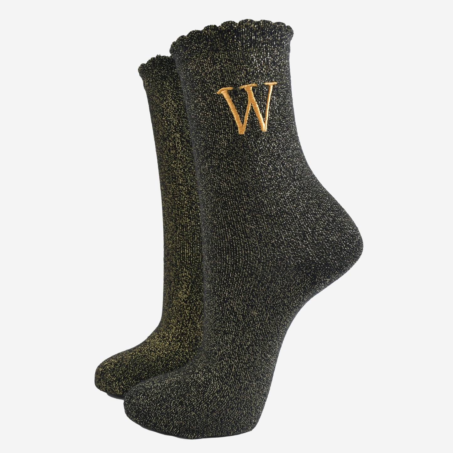 embroidered glitter letter w cotton ankle socks in their sock talk packaging, the socks are a uk size 3-7