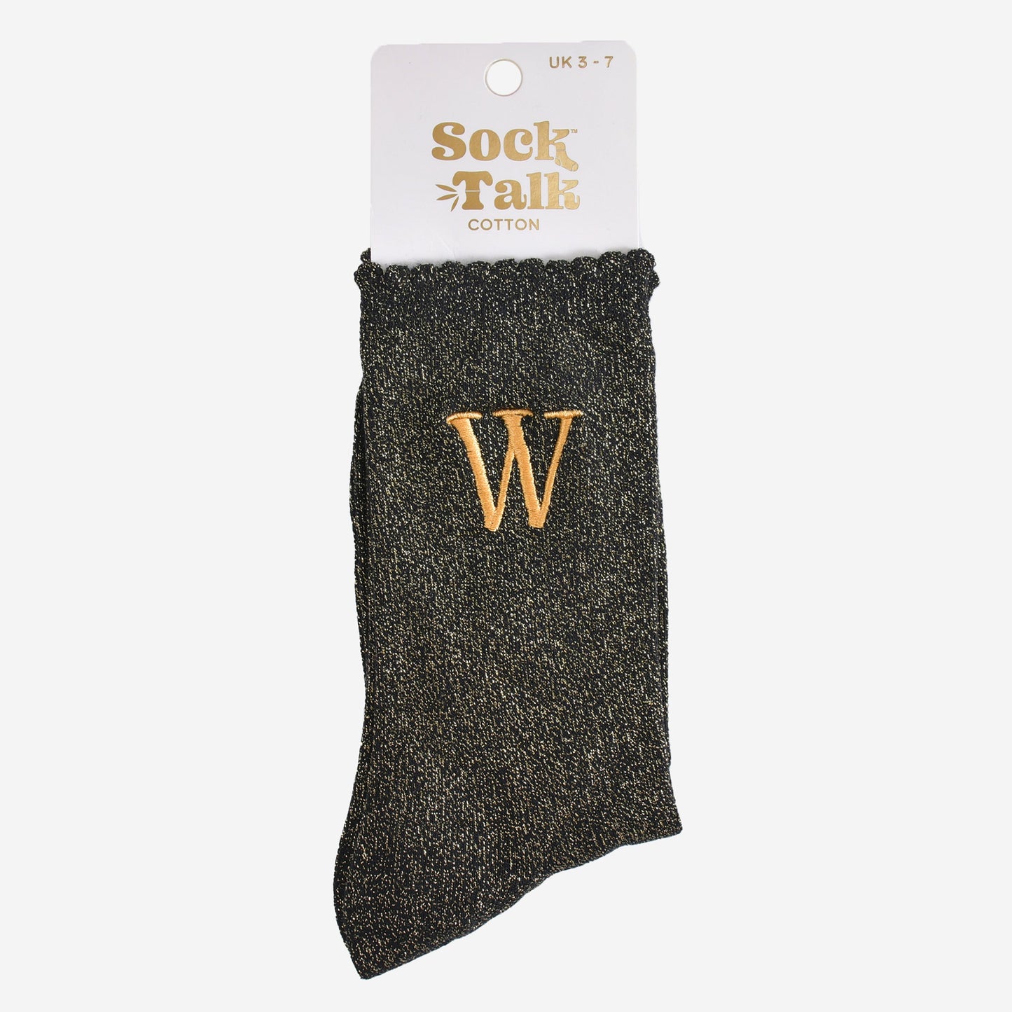 embroidered glitter letter w cotton ankle socks in their sock talk packaging, the socks are a uk size 3-7