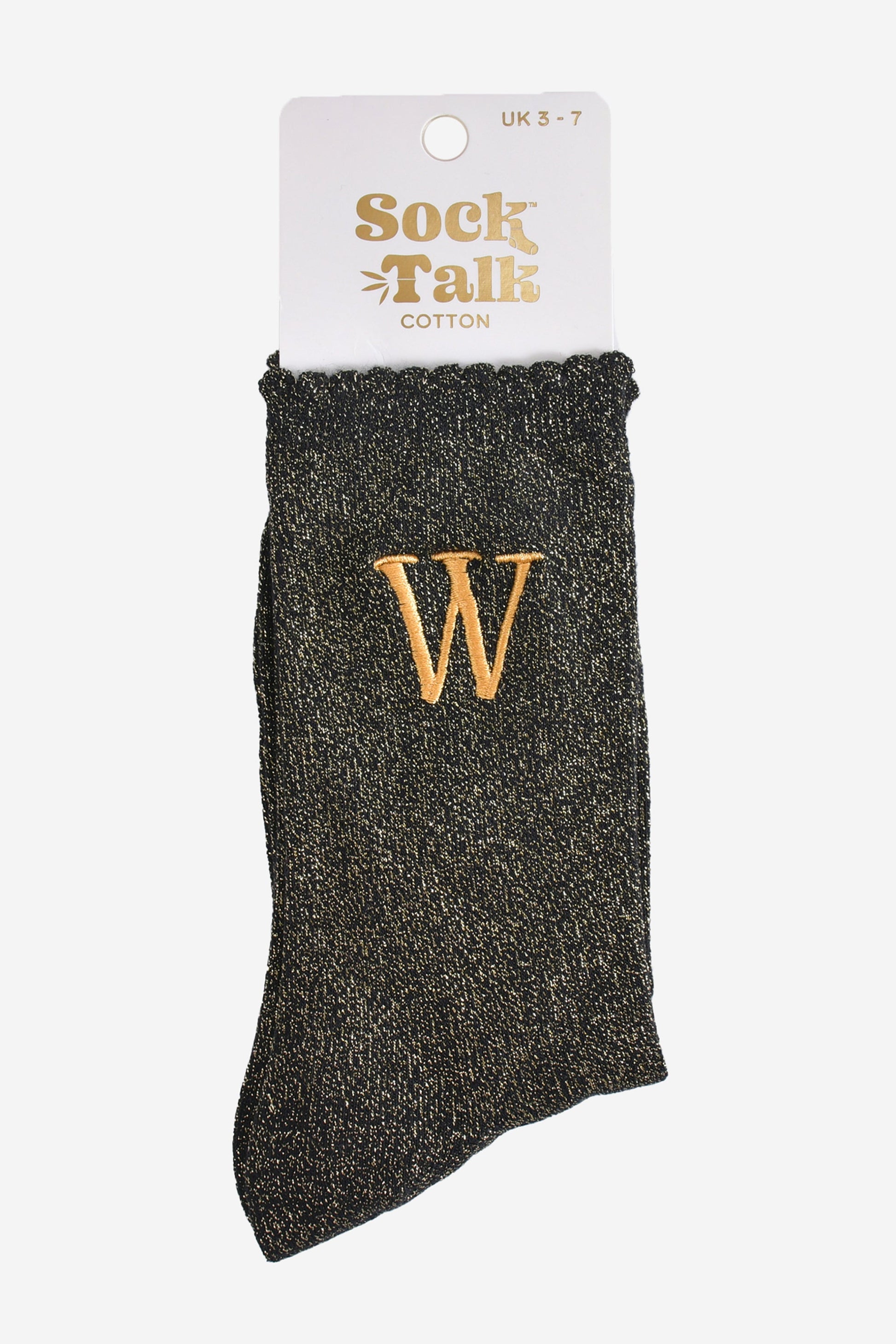 embroidered glitter letter w cotton ankle socks in their sock talk packaging, the socks are a uk size 3-7