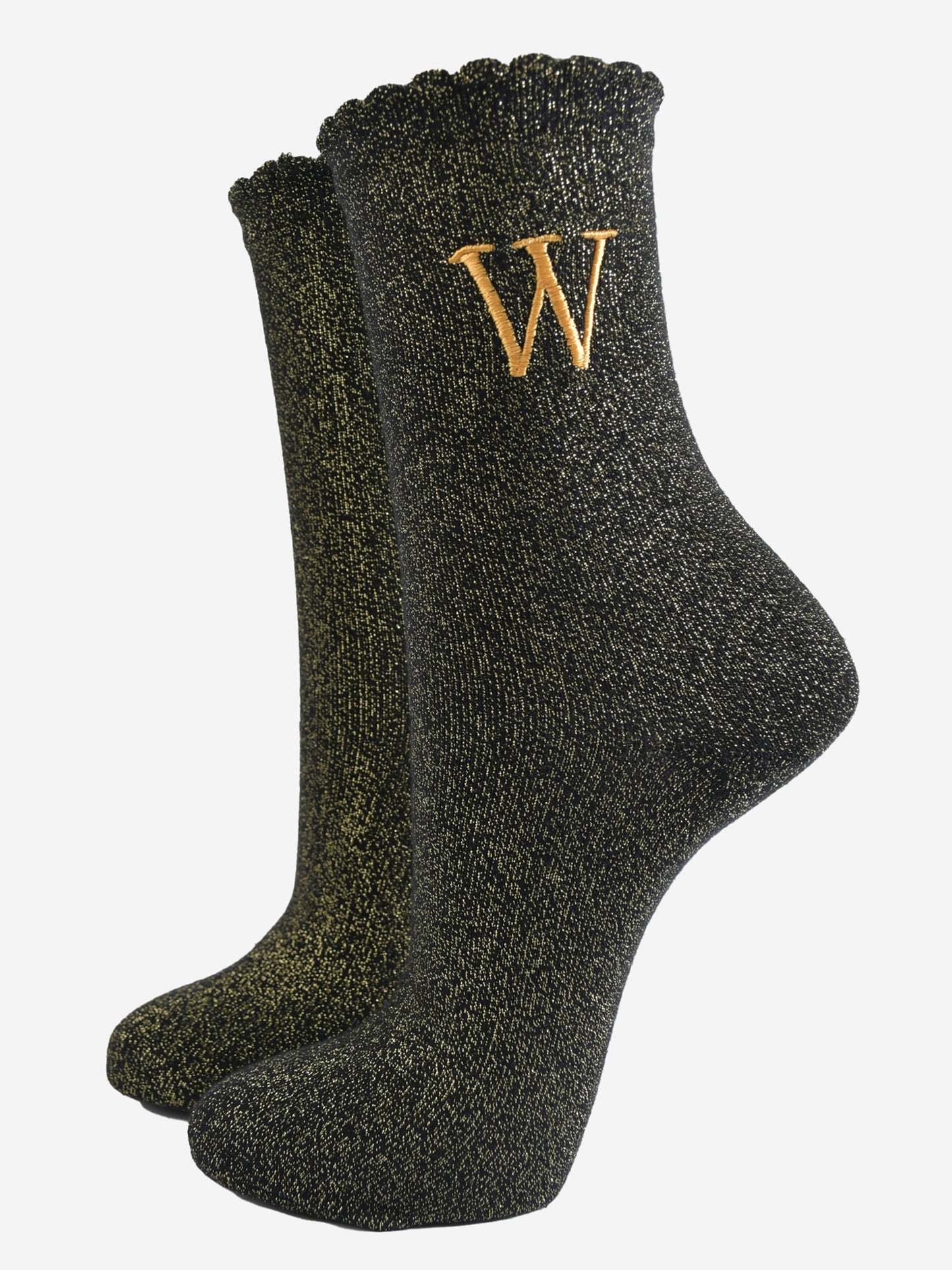 embroidered glitter letter w cotton ankle socks in their sock talk packaging, the socks are a uk size 3-7