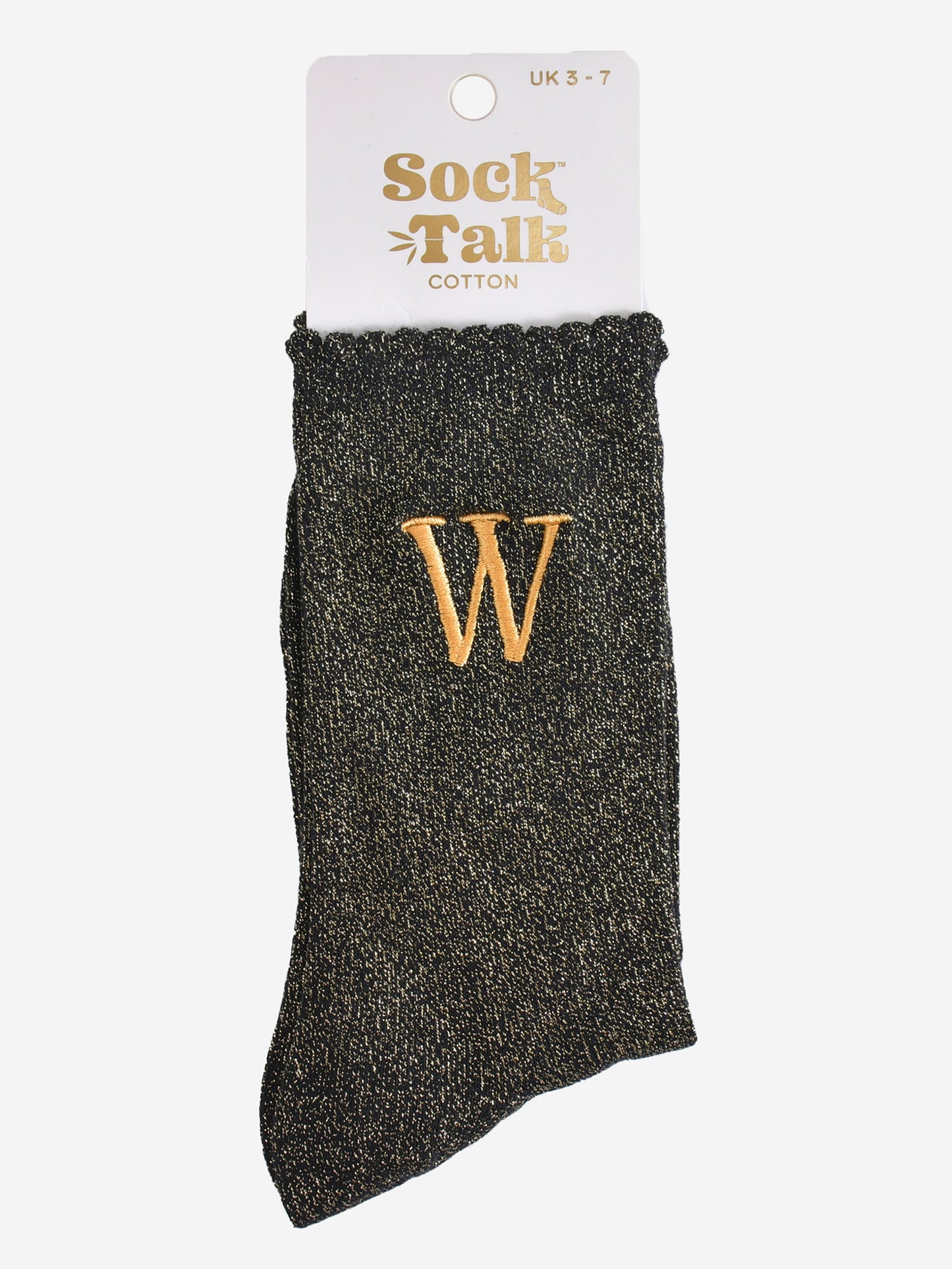 embroidered glitter letter w cotton ankle socks in their sock talk packaging, the socks are a uk size 3-7