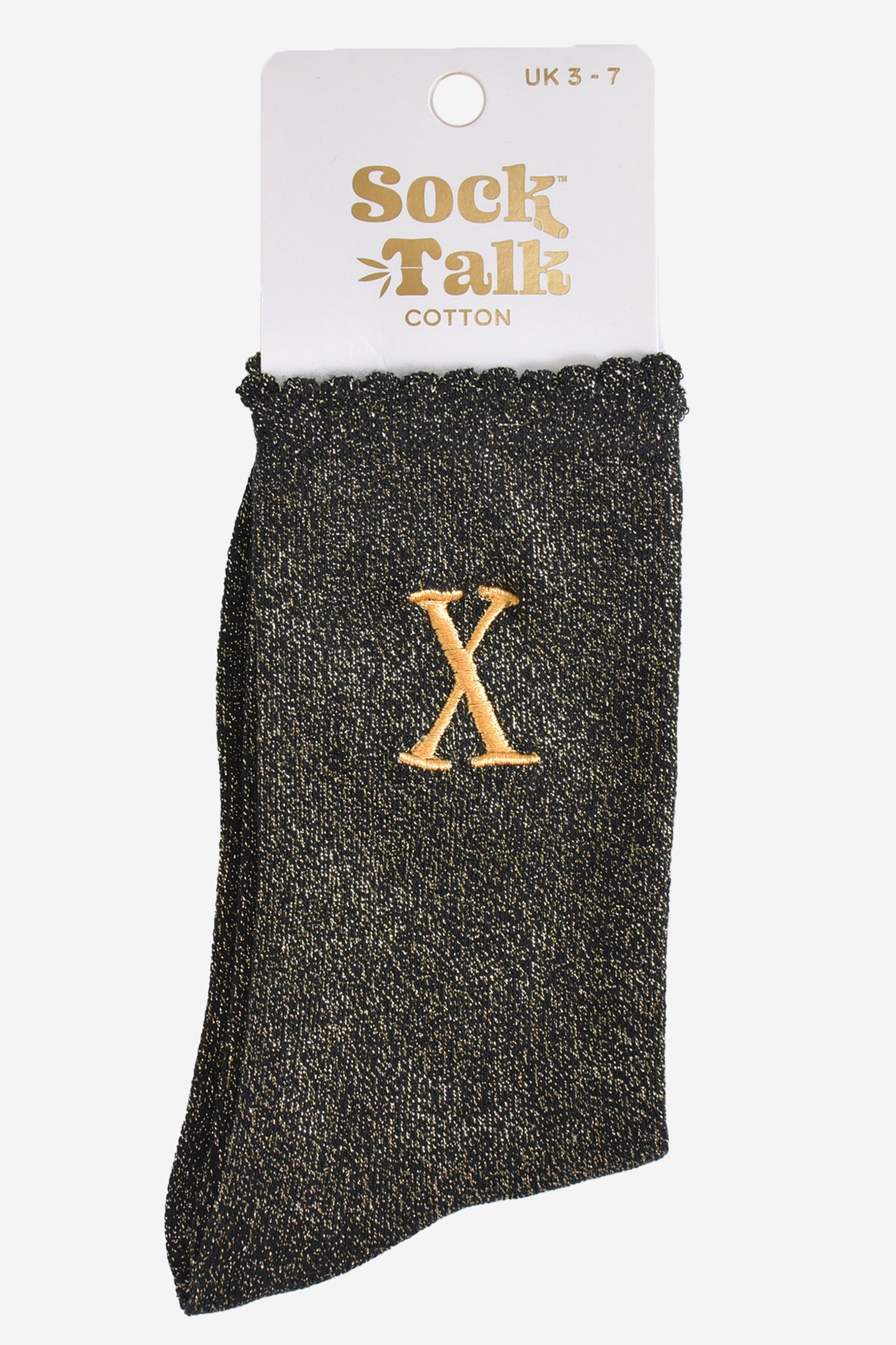 embroidered glitter letter c cotton ankle socks in their sock talk packaging, the socks are a uk size 3-7