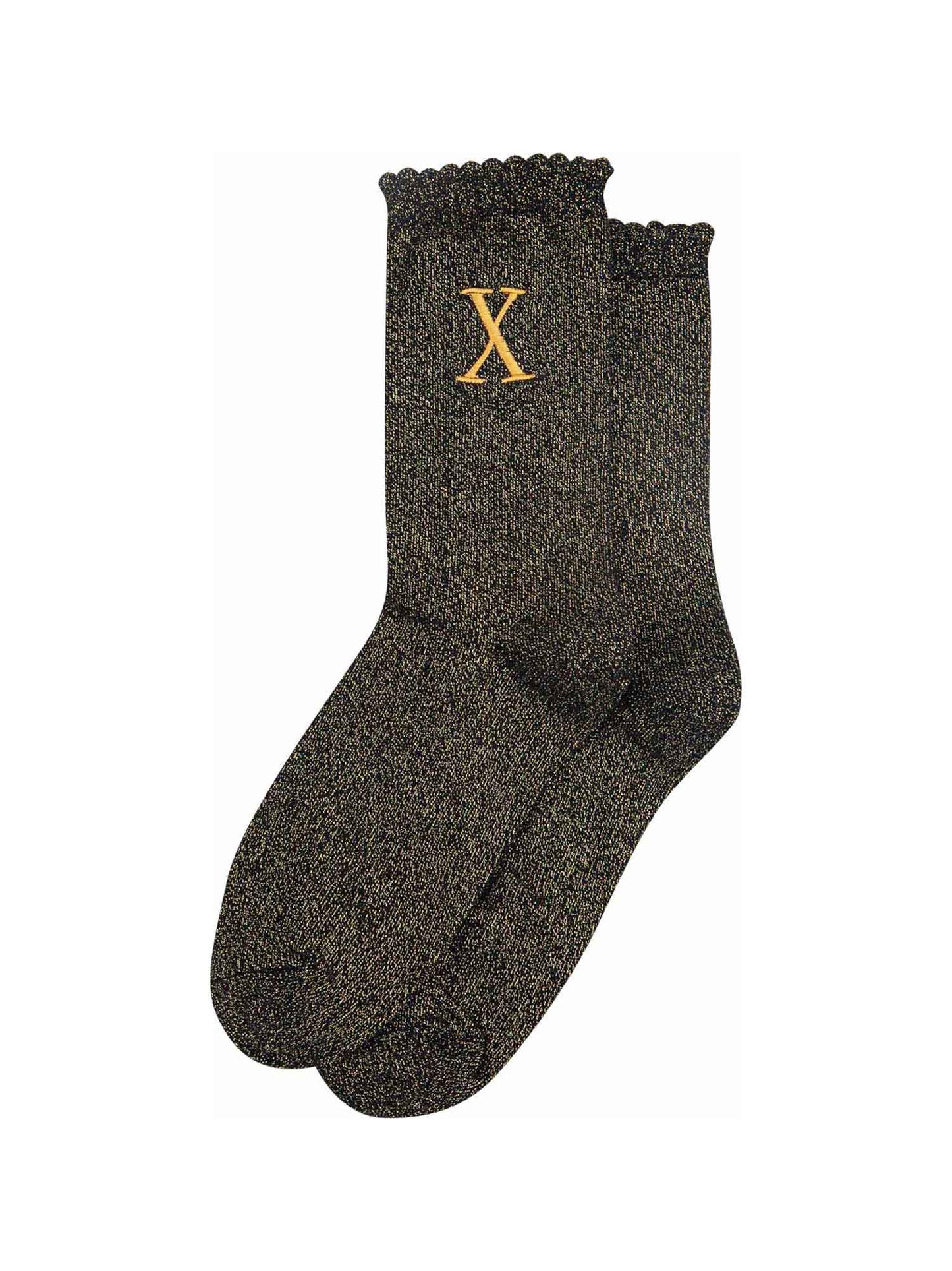 showing the glitter socks laying flat, they have a scalloped cuff and an all over gold sparkle