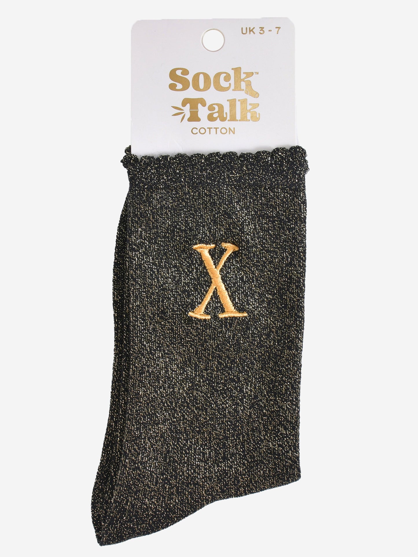 embroidered glitter letter x cotton ankle socks in their sock talk packaging, the socks are a uk size 3-7