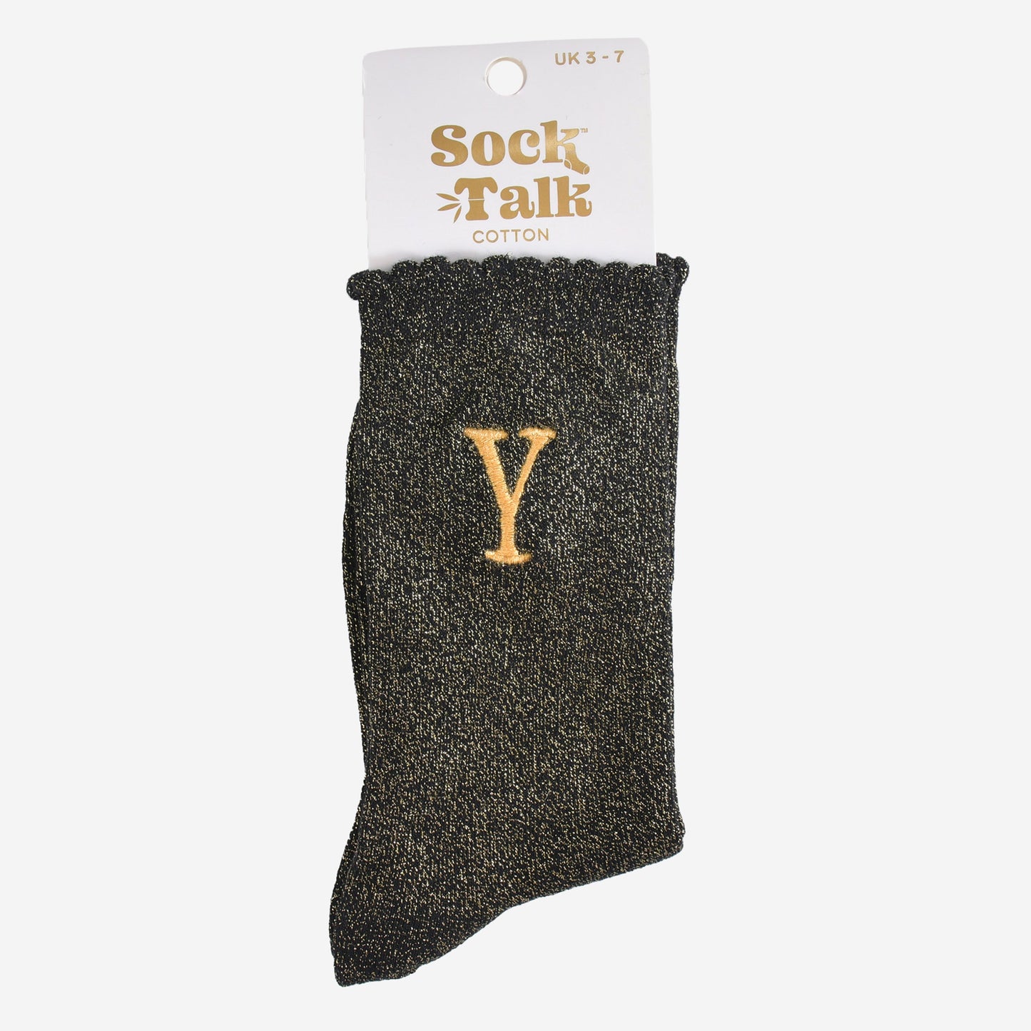 embroidered glitter letter y cotton ankle socks in their sock talk packaging, the socks are a uk size 3-7