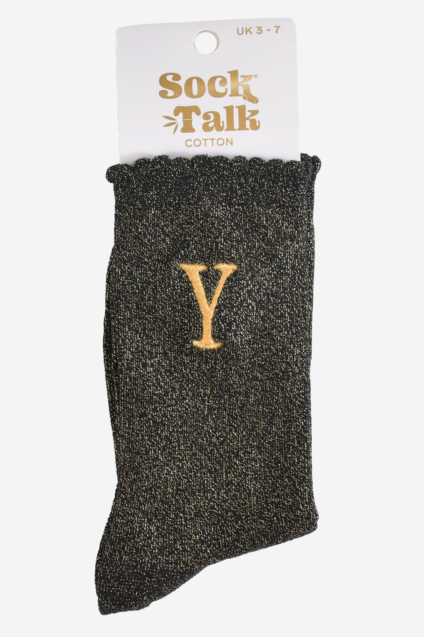 embroidered glitter letter y cotton ankle socks in their sock talk packaging, the socks are a uk size 3-7