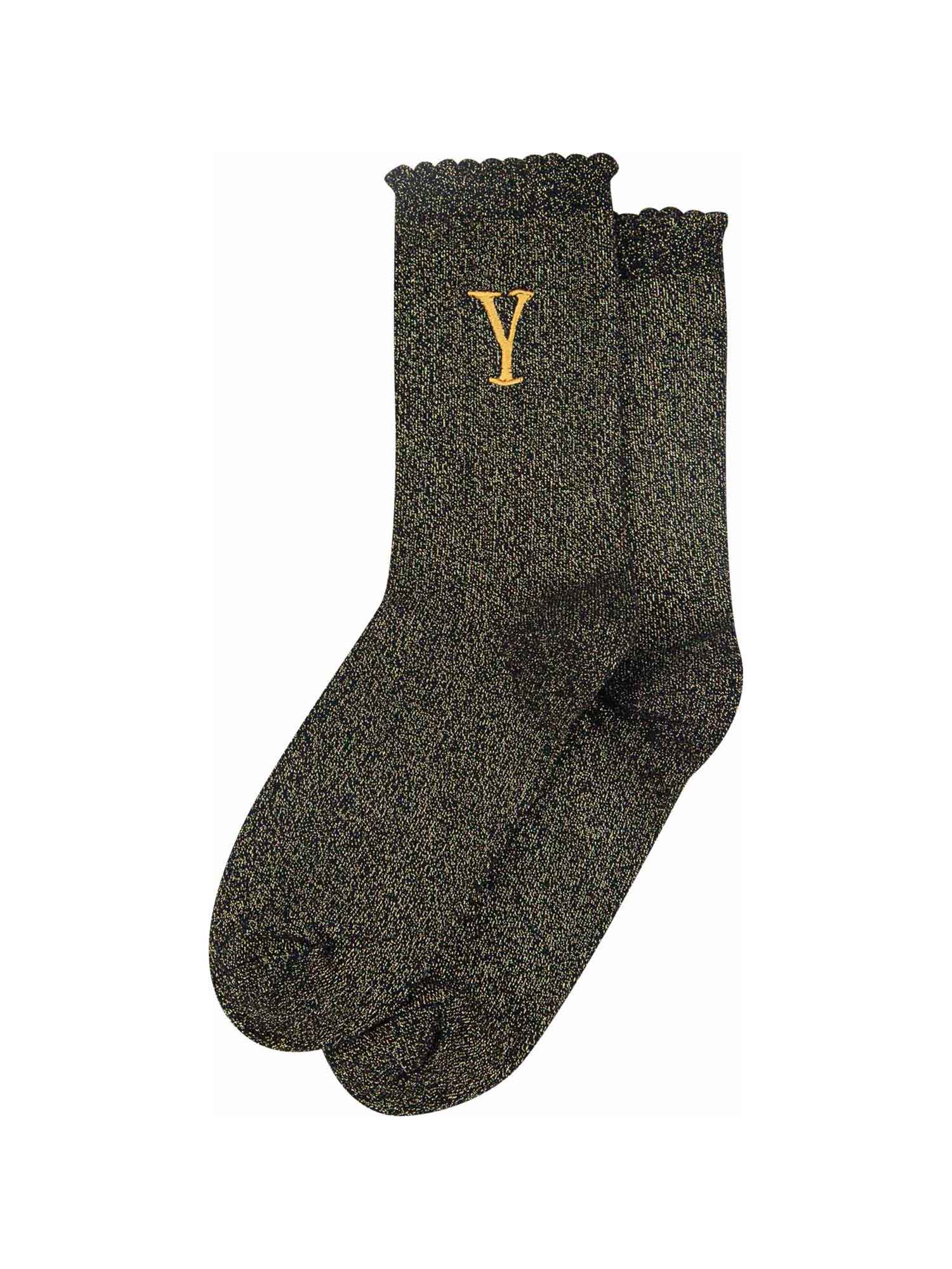 showing the glitter socks laying flat, they have a scalloped cuff and an all over gold sparkle