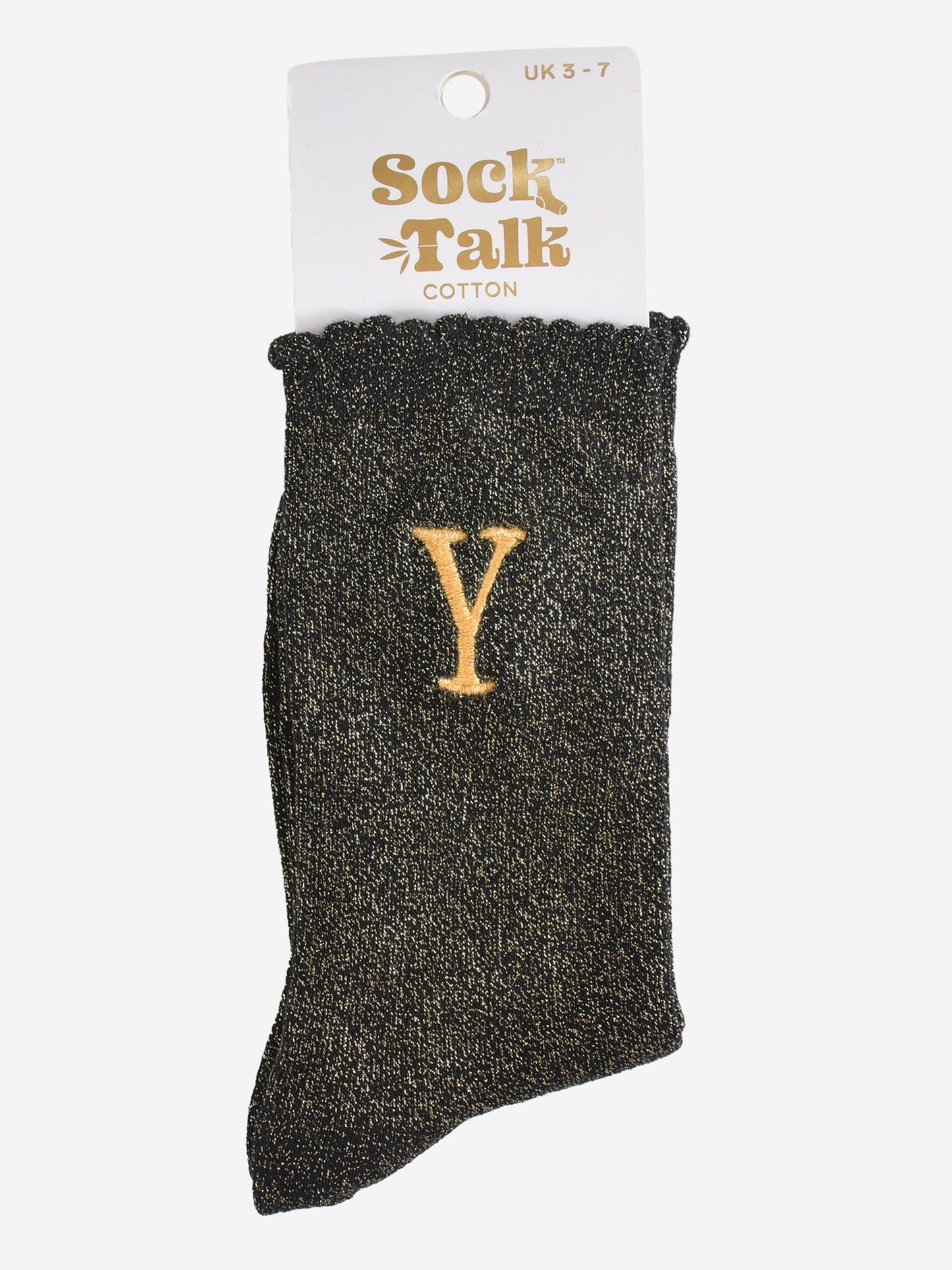 embroidered glitter letter y cotton ankle socks in their sock talk packaging, the socks are a uk size 3-7