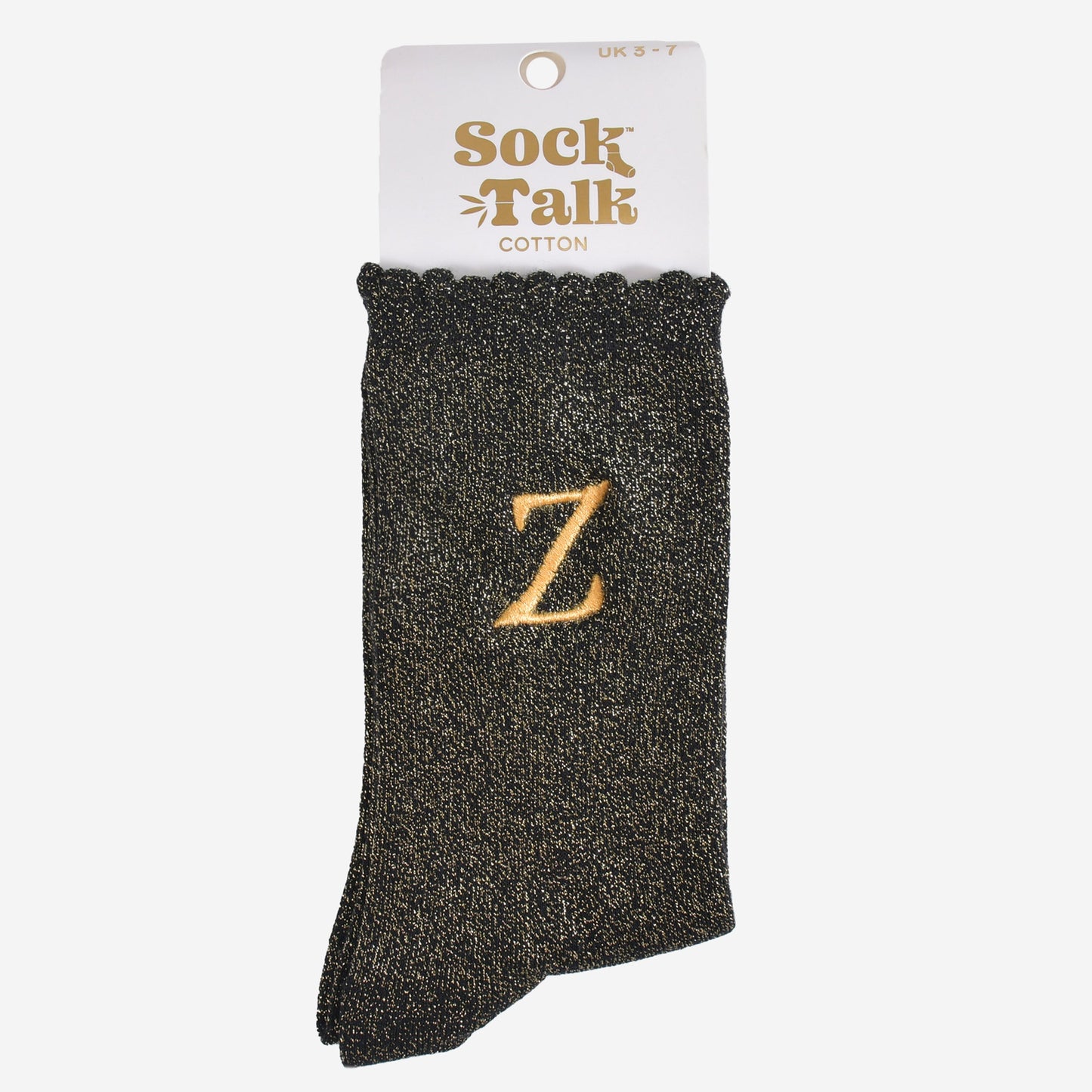 embroidered glitter letter z cotton ankle socks in their sock talk packaging, the socks are a uk size 3-7