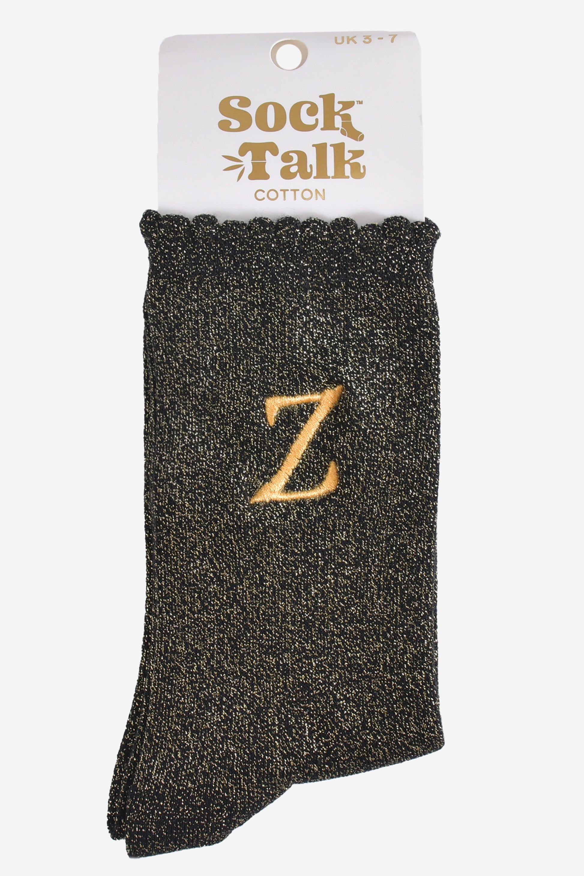 embroidered glitter letter z cotton ankle socks in their sock talk packaging, the socks are a uk size 3-7