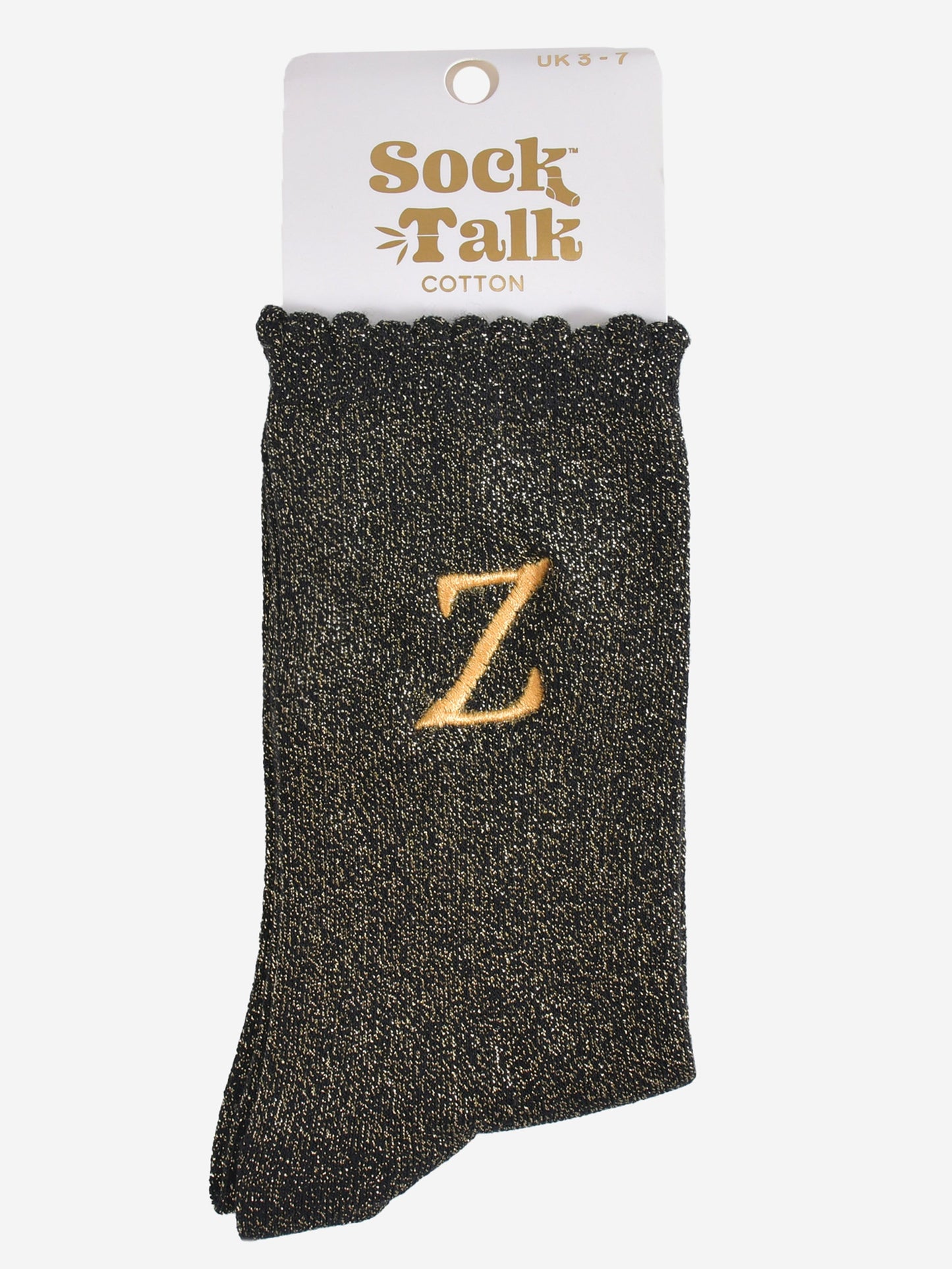 embroidered glitter letter z cotton ankle socks in their sock talk packaging, the socks are a uk size 3-7